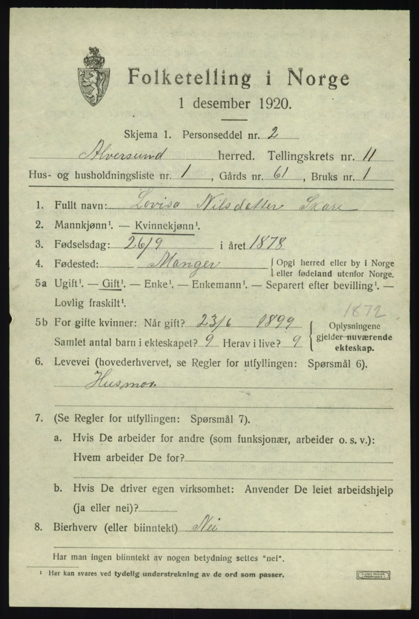 SAB, 1920 census for Alversund, 1920, p. 6682