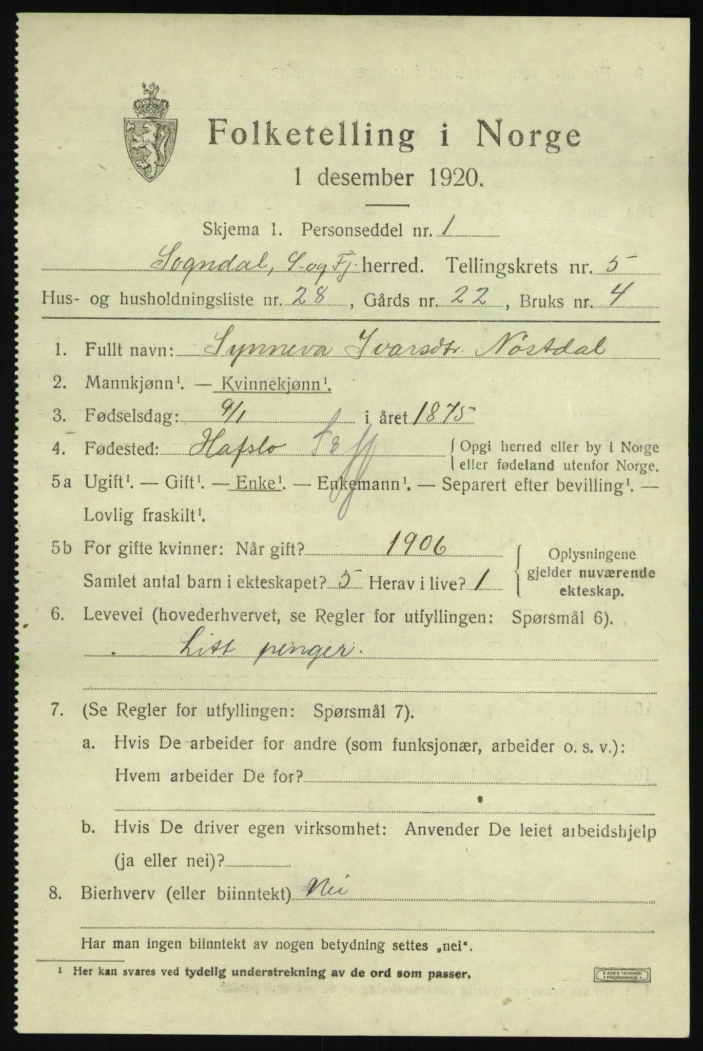 SAB, 1920 census for Sogndal, 1920, p. 2935