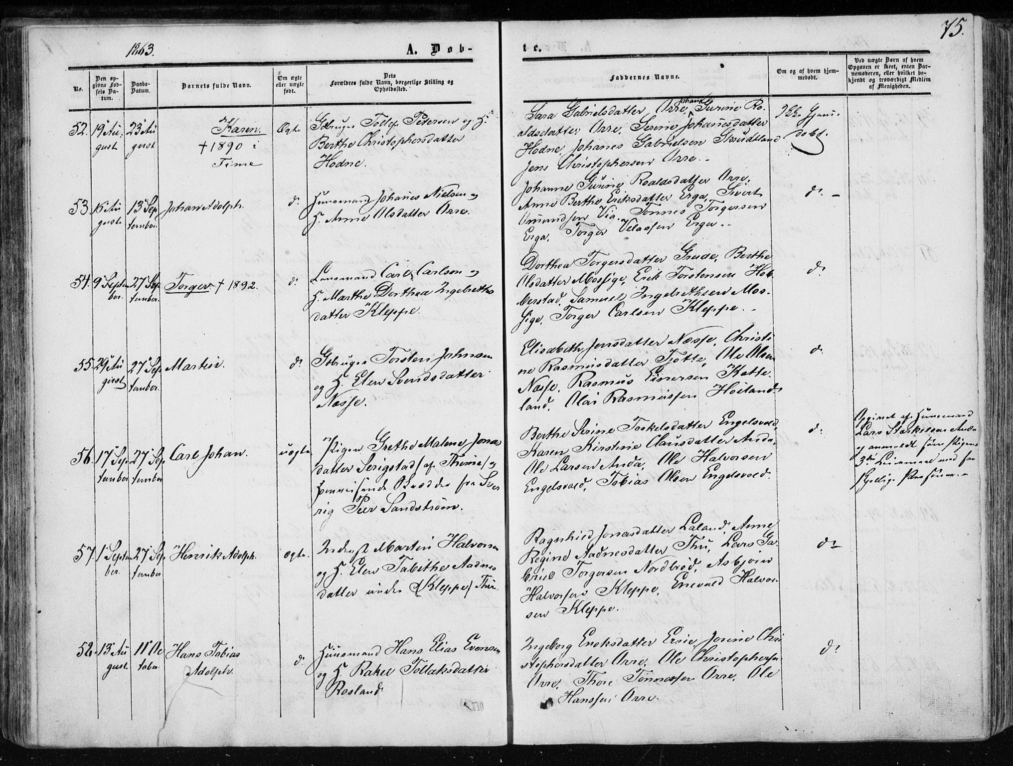 Klepp sokneprestkontor, SAST/A-101803/001/3/30BA/L0005: Parish register (official) no. A 5, 1853-1870, p. 75