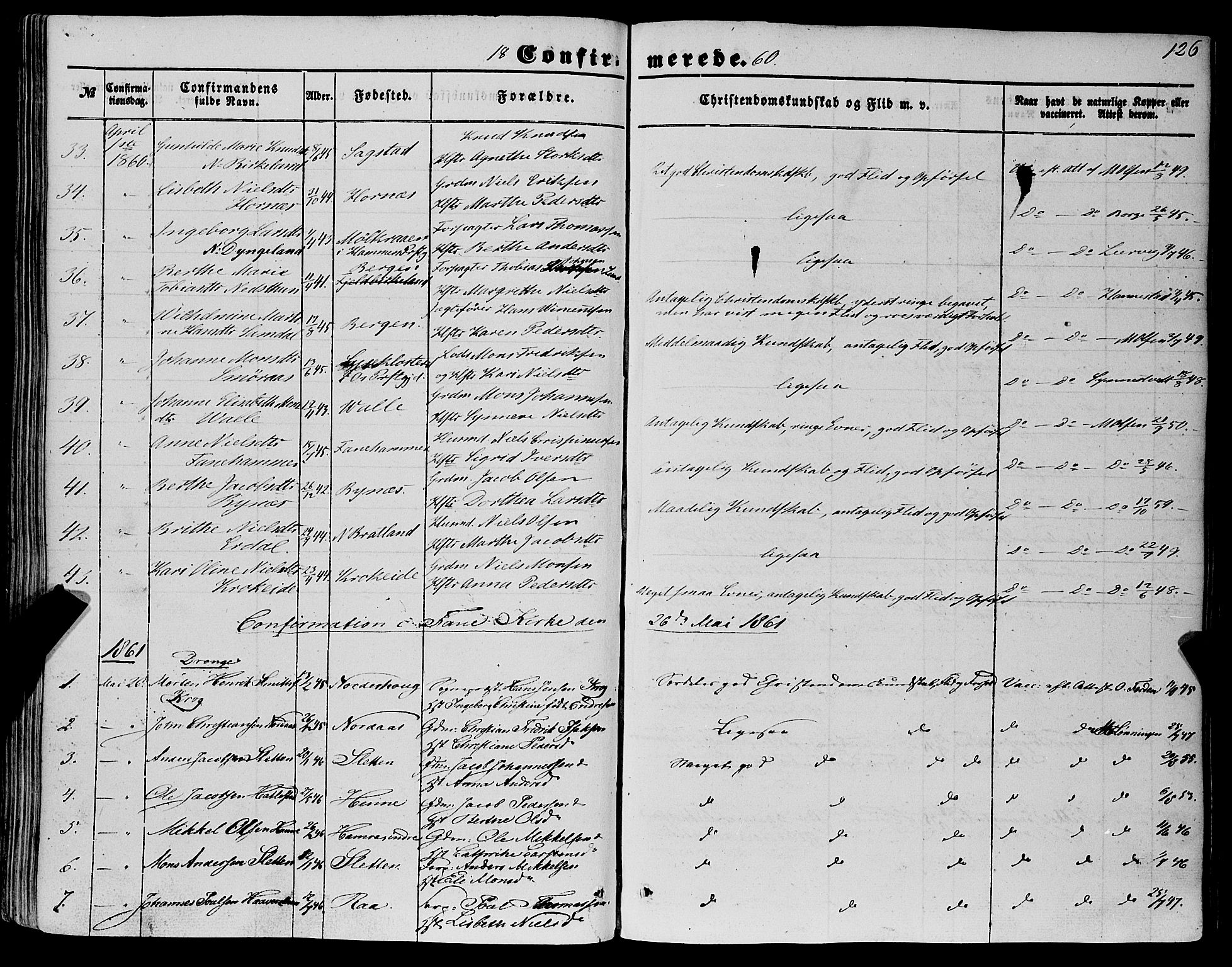 Fana Sokneprestembete, AV/SAB-A-75101/H/Haa/Haaa/L0011: Parish register (official) no. A 11, 1851-1862, p. 126