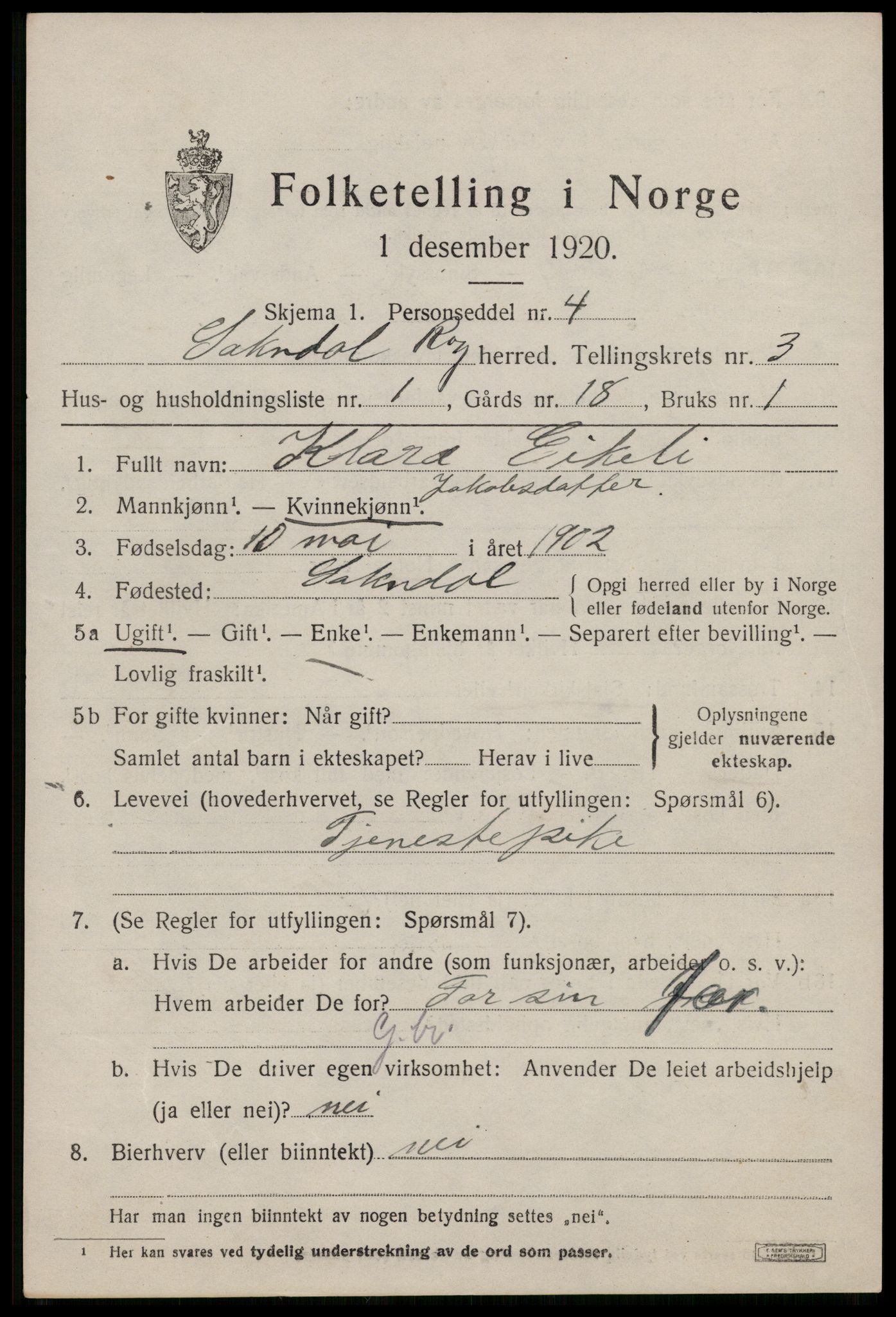 SAST, 1920 census for Sokndal, 1920, p. 2103