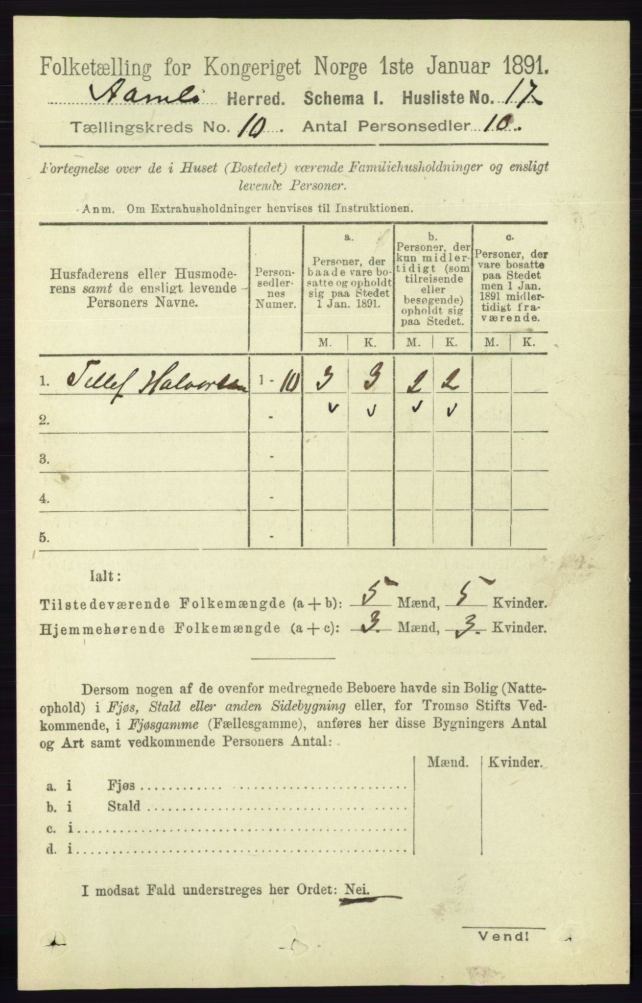 RA, 1891 census for 0929 Åmli, 1891, p. 1662