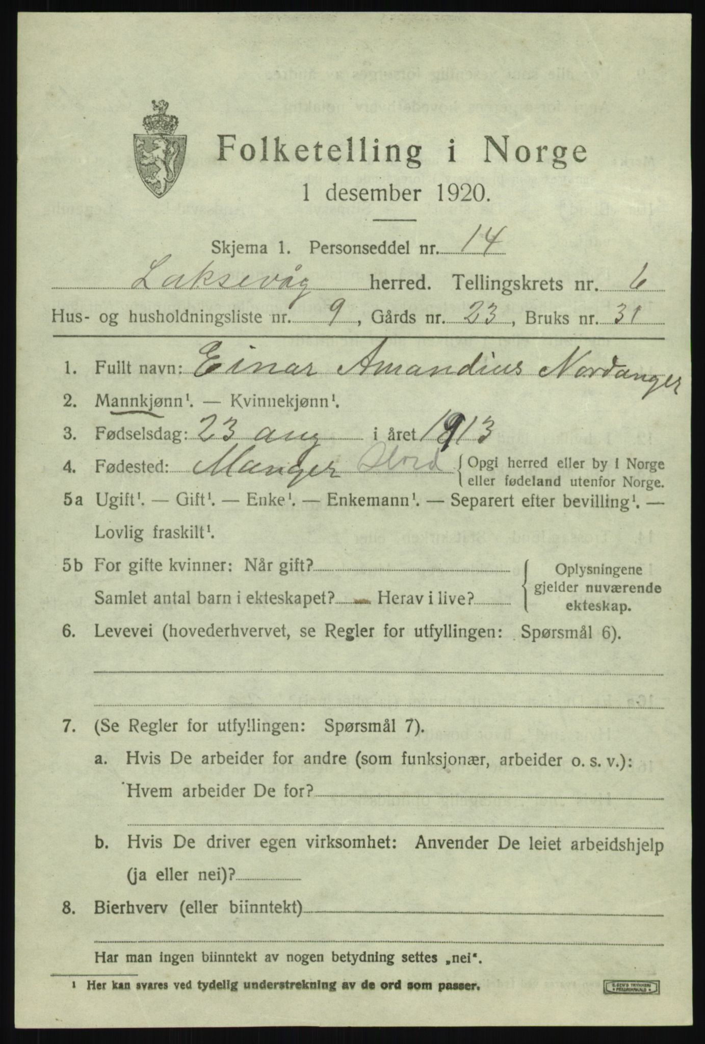 SAB, 1920 census for Laksevåg, 1920, p. 17274