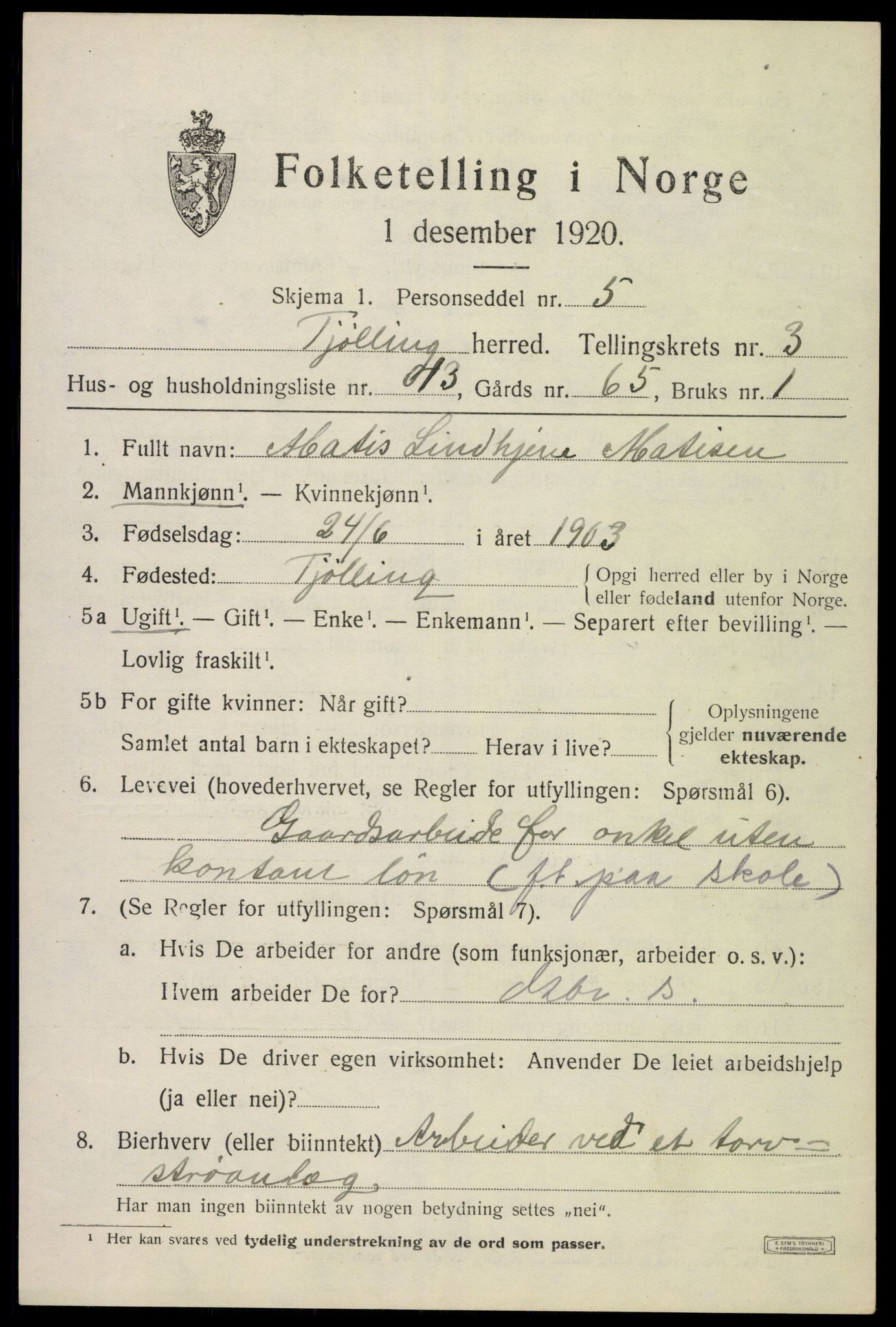 SAKO, 1920 census for Tjølling, 1920, p. 7071