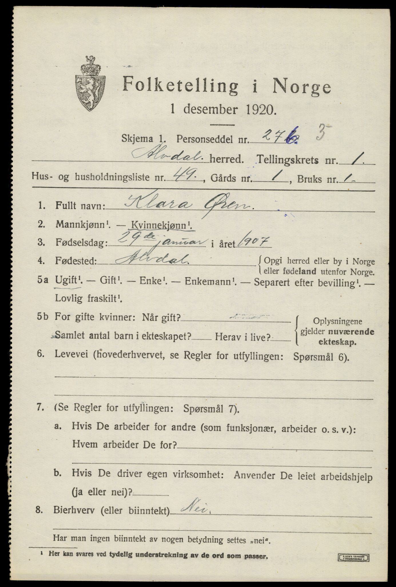 SAH, 1920 census for Alvdal, 1920, p. 1444