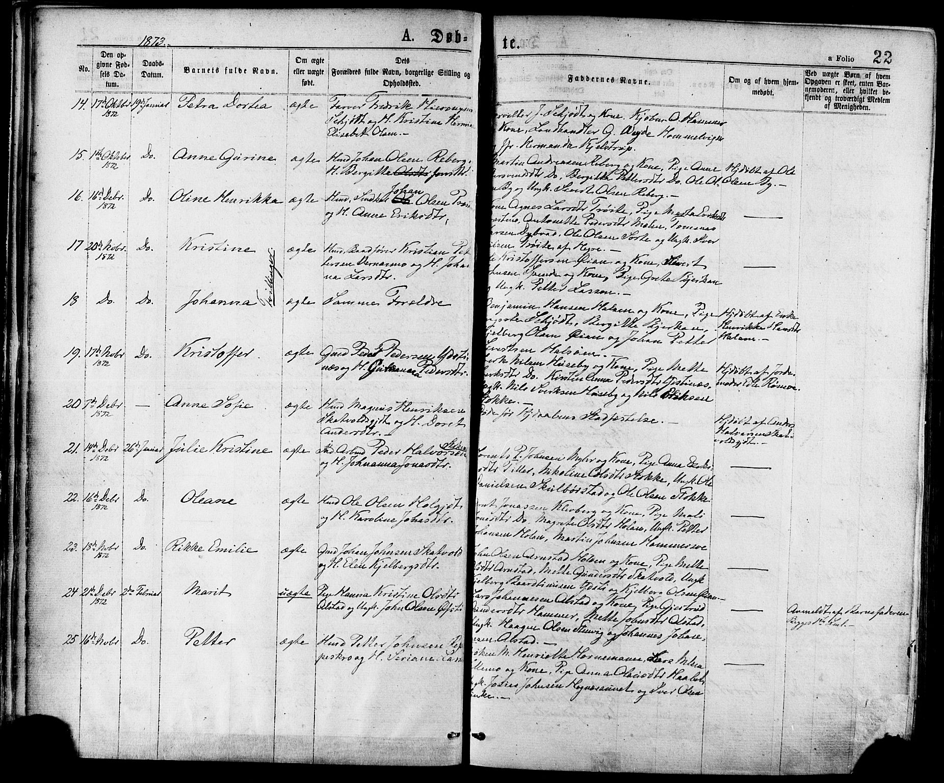 Ministerialprotokoller, klokkerbøker og fødselsregistre - Nord-Trøndelag, AV/SAT-A-1458/709/L0076: Parish register (official) no. 709A16, 1871-1879, p. 22