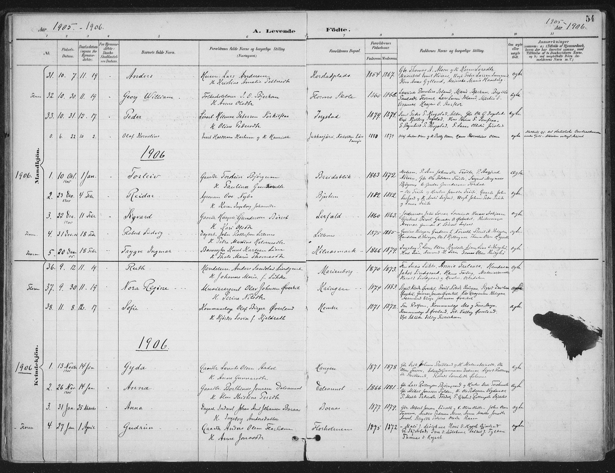 Ministerialprotokoller, klokkerbøker og fødselsregistre - Nord-Trøndelag, SAT/A-1458/703/L0031: Parish register (official) no. 703A04, 1893-1914, p. 54