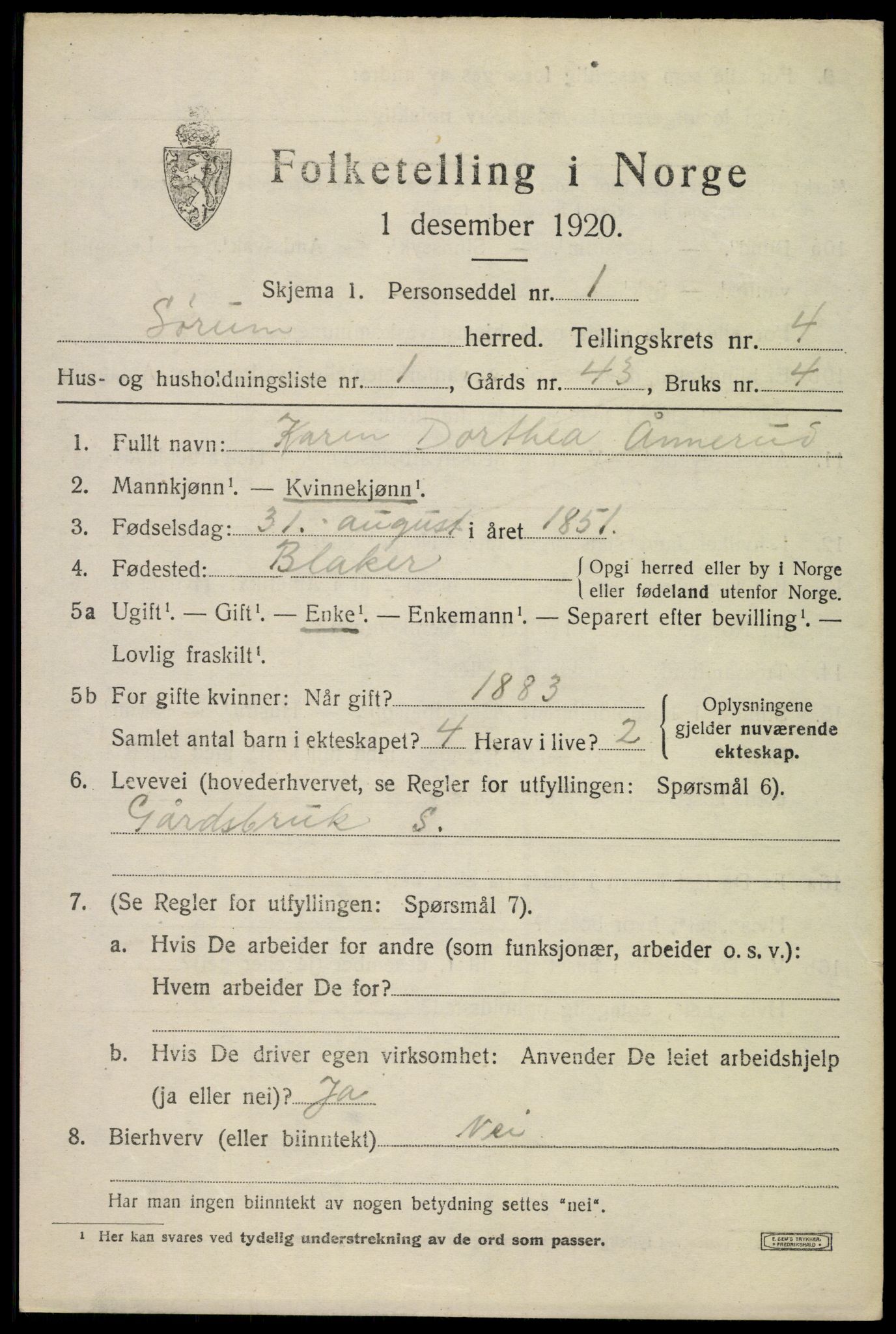 SAO, 1920 census for Sørum, 1920, p. 3409