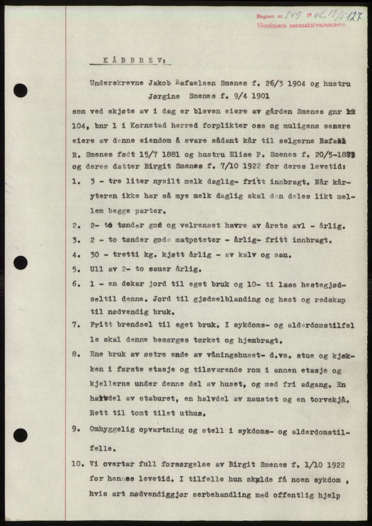 Nordmøre sorenskriveri, AV/SAT-A-4132/1/2/2Ca: Mortgage book no. B94, 1946-1946, Diary no: : 849/1946