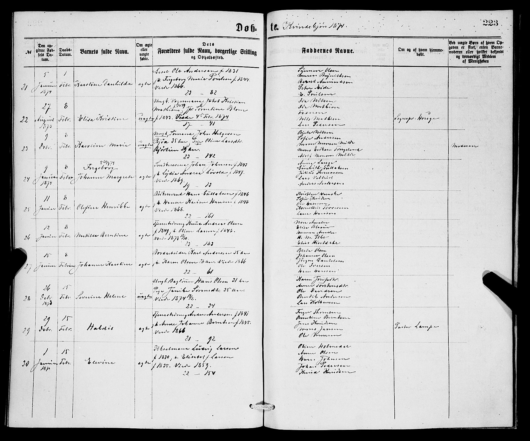 Korskirken sokneprestembete, AV/SAB-A-76101/H/Hab: Parish register (copy) no. B 6, 1869-1874, p. 223