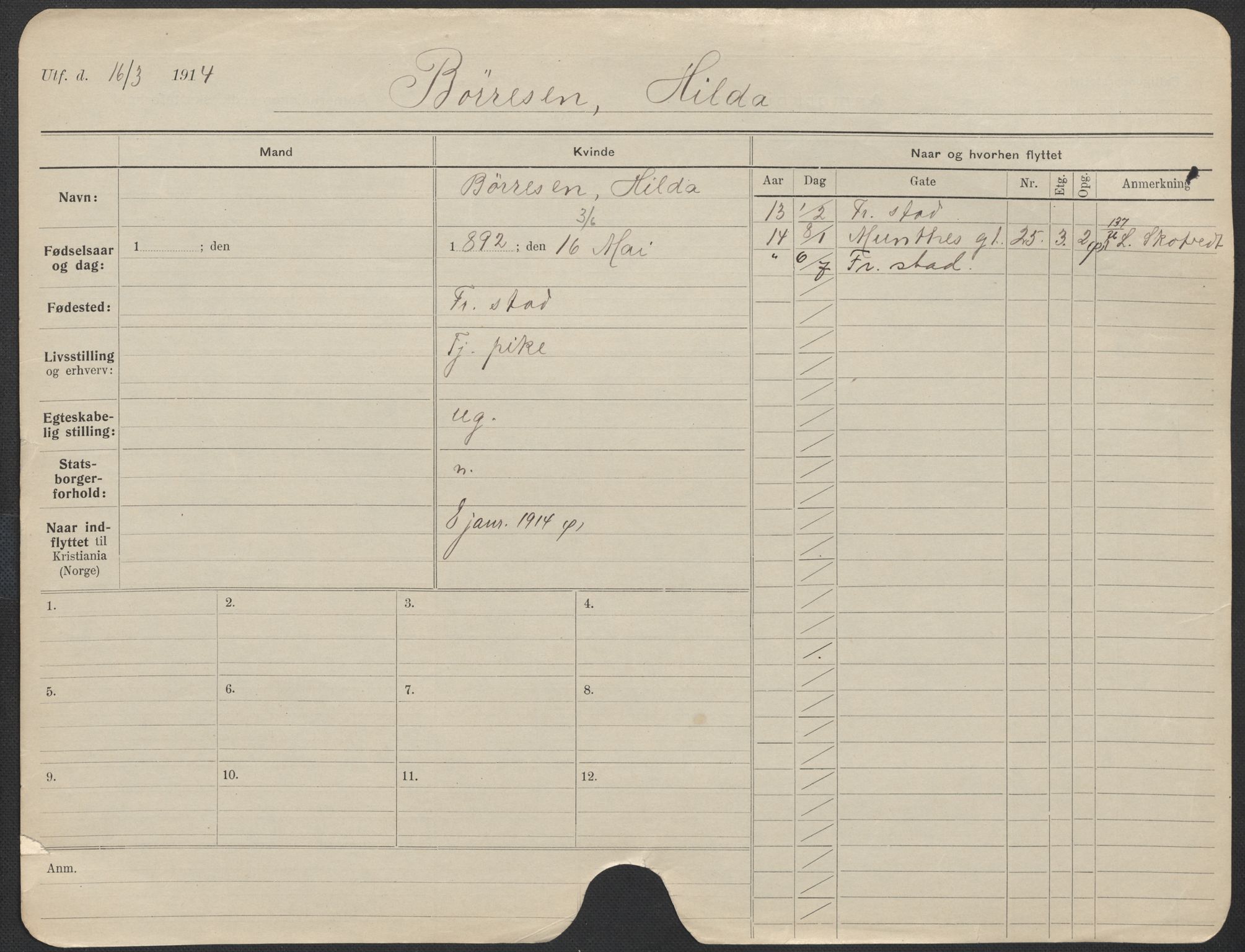 Oslo folkeregister, Registerkort, AV/SAO-A-11715/F/Fa/Fac/L0013: Kvinner, 1906-1914, p. 1049a