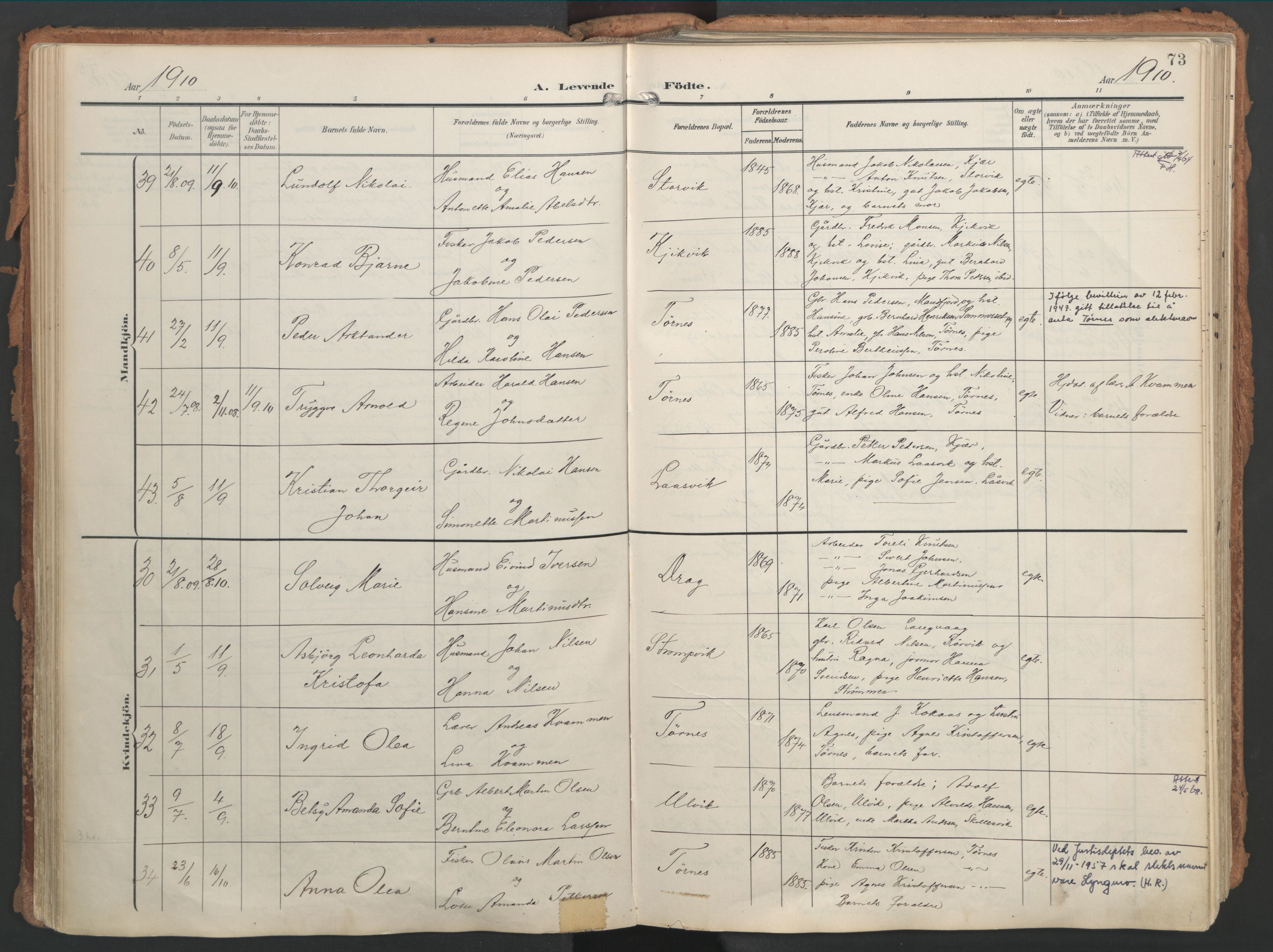 Ministerialprotokoller, klokkerbøker og fødselsregistre - Nordland, AV/SAT-A-1459/861/L0871: Parish register (official) no. 861A06, 1903-1916, p. 73