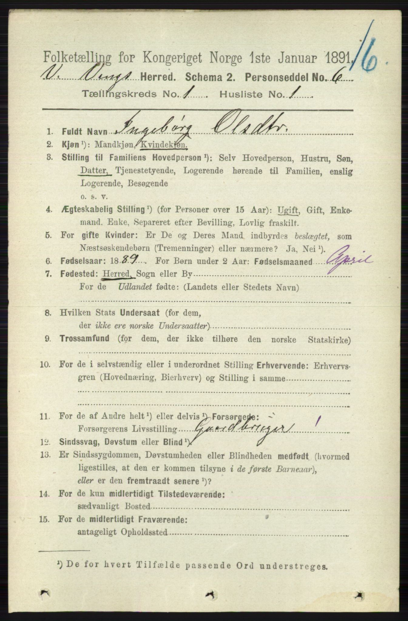 RA, 1891 census for 0545 Vang, 1891, p. 83