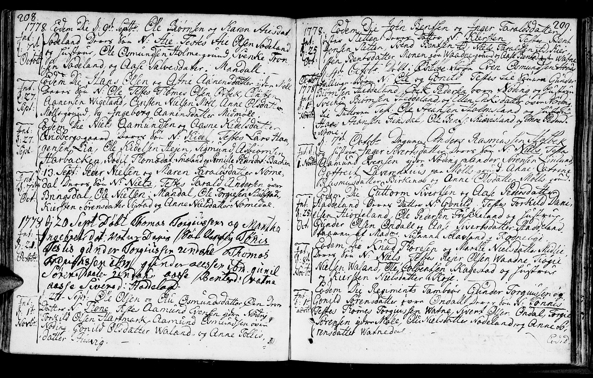 Holum sokneprestkontor, AV/SAK-1111-0022/F/Fa/Faa/L0002: Parish register (official) no. A 2, 1756-1780, p. 208-209