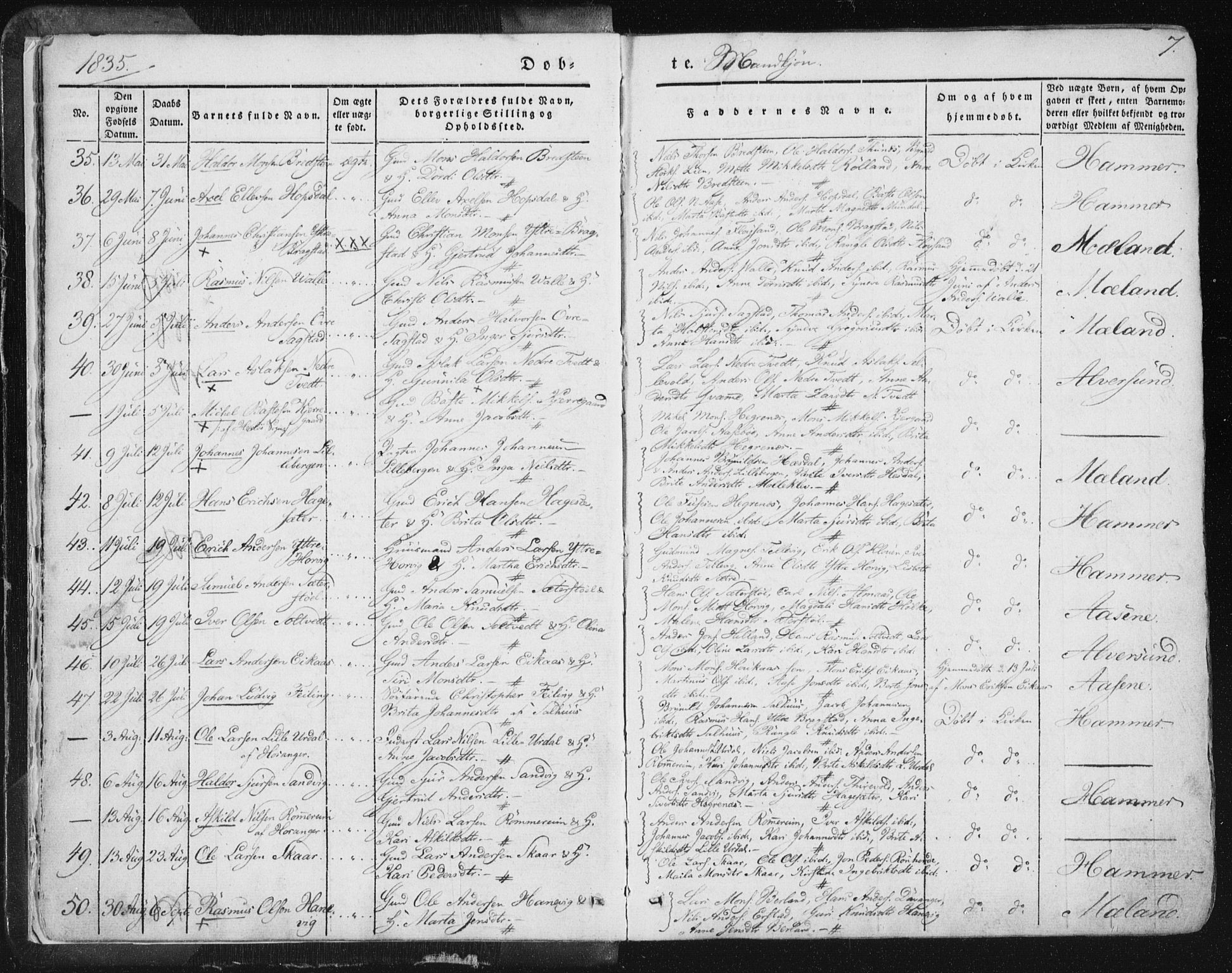 Hamre sokneprestembete, SAB/A-75501/H/Ha/Haa/Haaa/L0012: Parish register (official) no. A 12, 1834-1845, p. 7