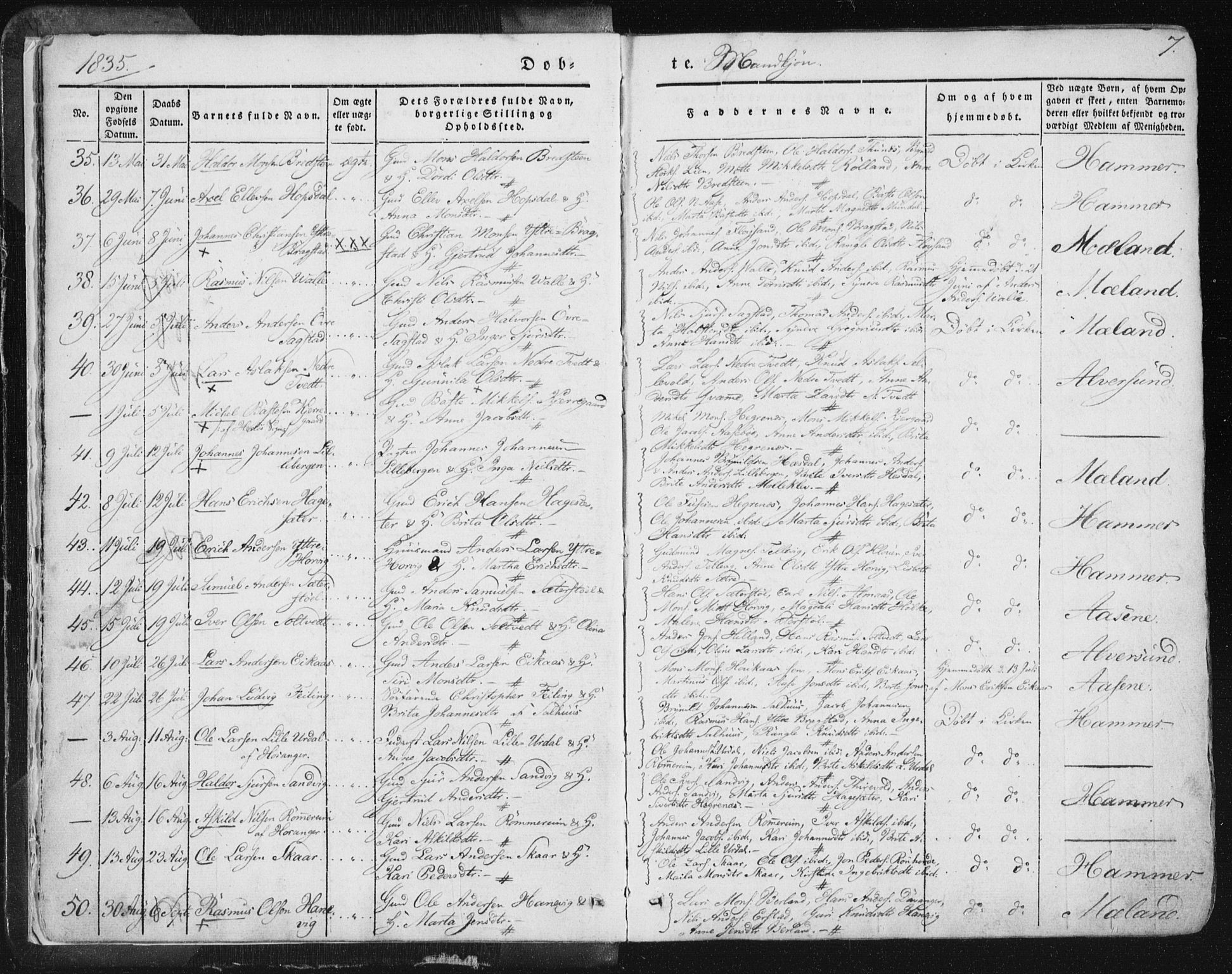 Hamre sokneprestembete, AV/SAB-A-75501/H/Ha/Haa/Haaa/L0012: Parish register (official) no. A 12, 1834-1845, p. 7