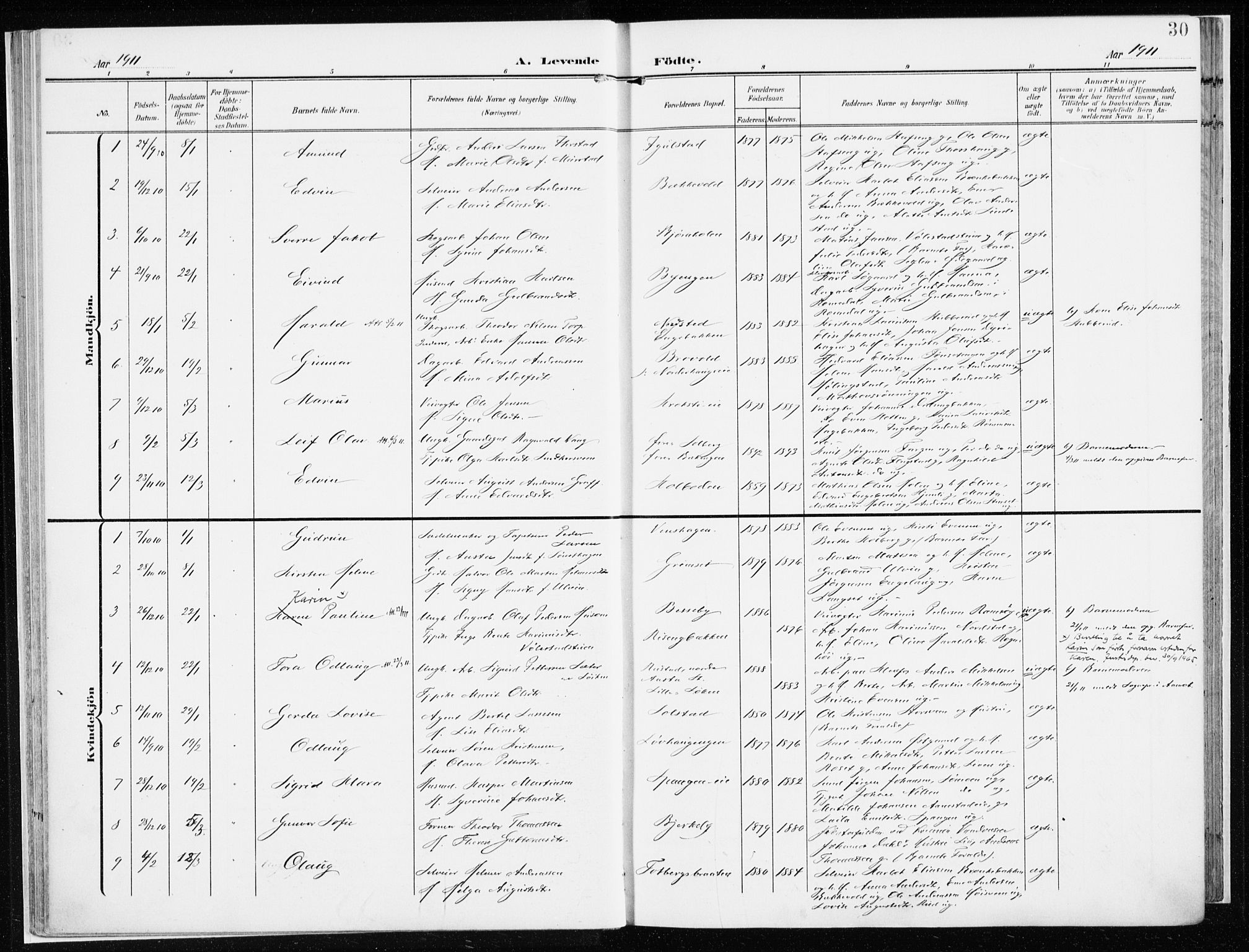 Løten prestekontor, SAH/PREST-022/K/Ka/L0011: Parish register (official) no. 11, 1908-1917, p. 30