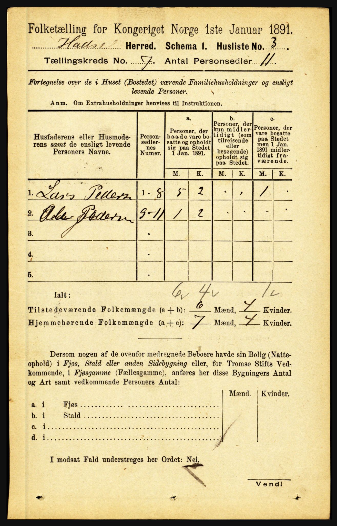 RA, 1891 census for 1866 Hadsel, 1891, p. 3063