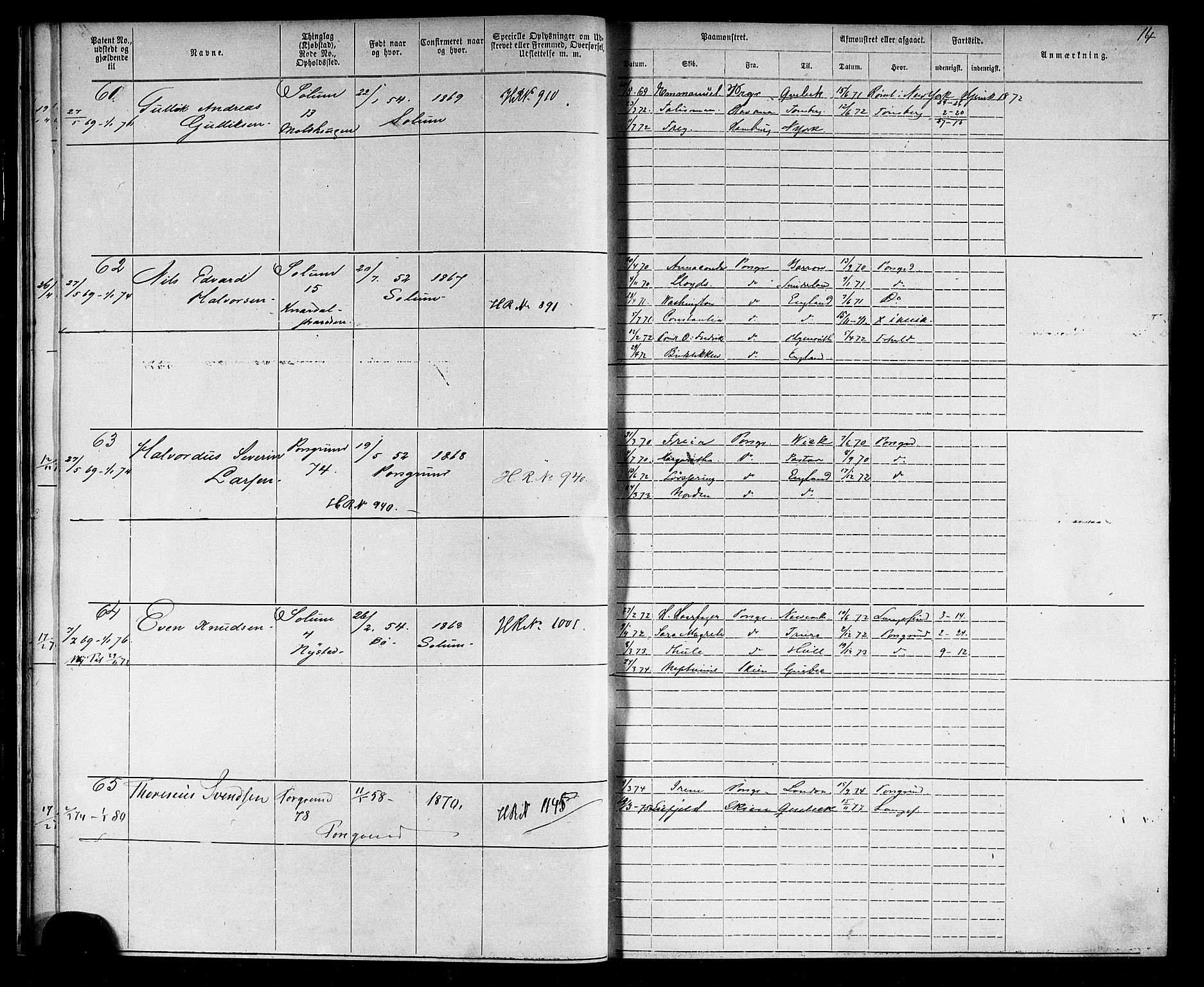 Porsgrunn innrulleringskontor, AV/SAKO-A-829/F/Fb/L0002: Annotasjonsrulle, 1868-1901, p. 16