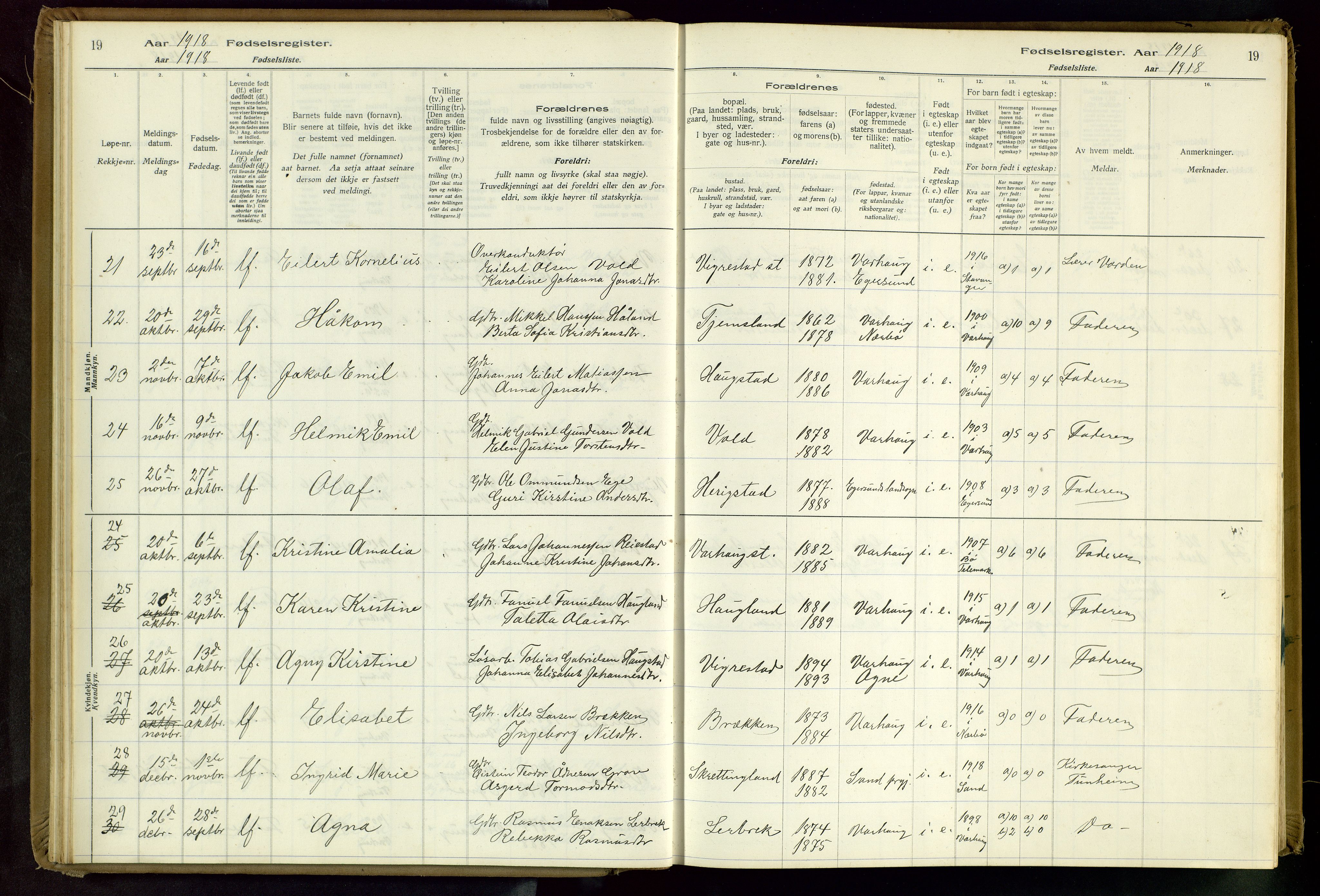 Hå sokneprestkontor, SAST/A-101801/001/704BA/L0001: Birth register no. 1, 1916-1944, p. 19