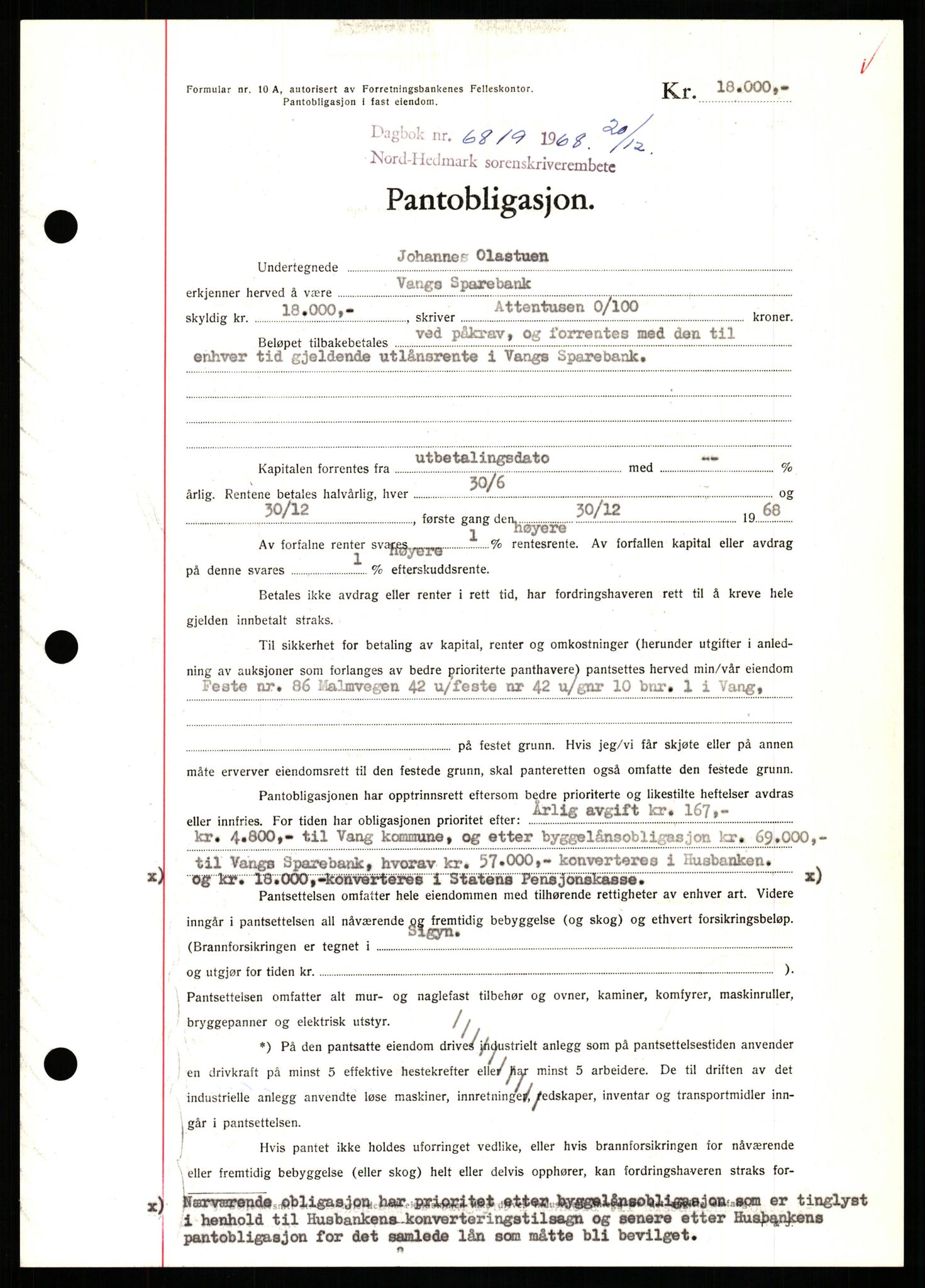 Nord-Hedmark sorenskriveri, SAH/TING-012/H/Hb/Hbf/L0077: Mortgage book no. B77, 1968-1969, Diary no: : 6819/1968