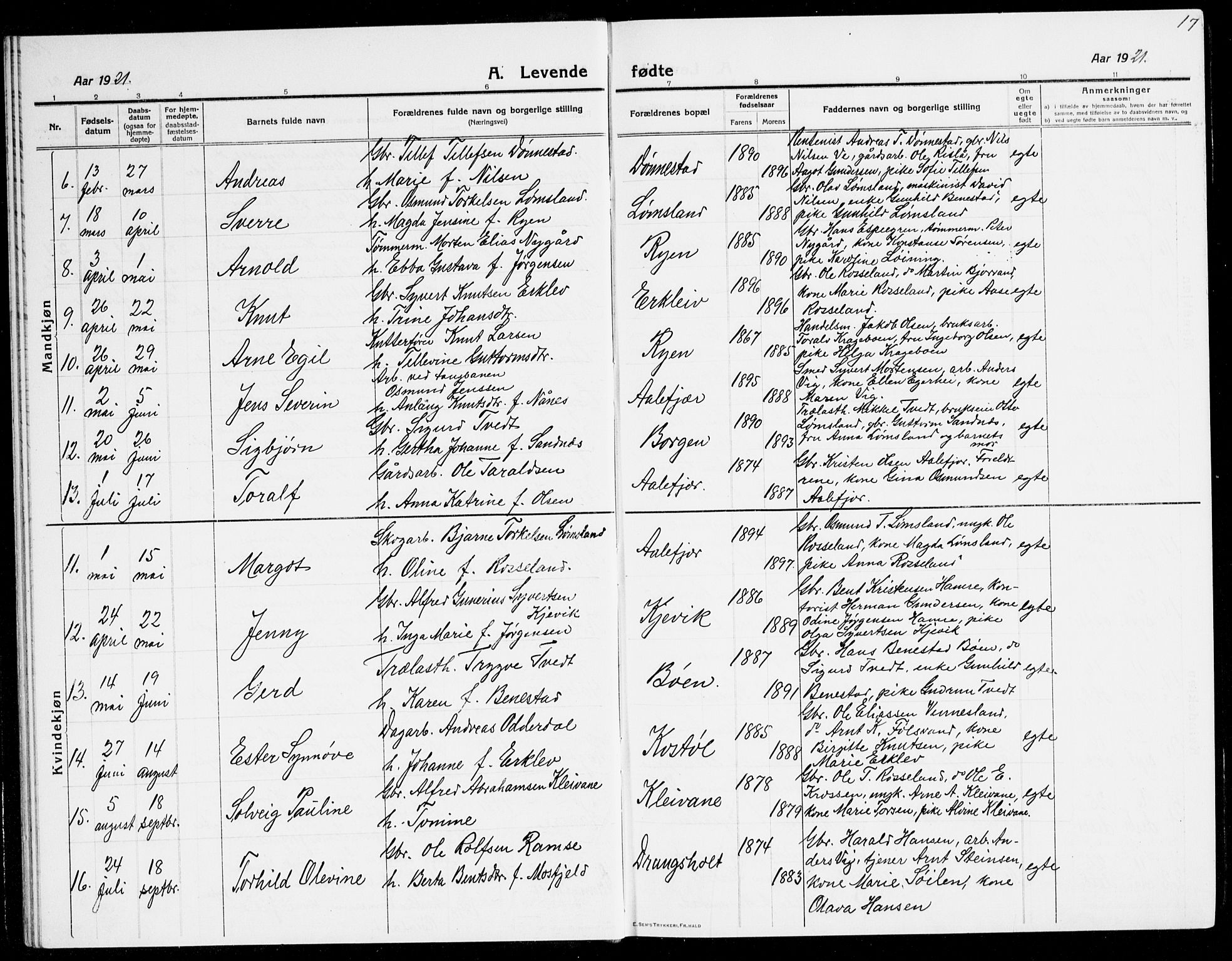Tveit sokneprestkontor, SAK/1111-0043/F/Fb/L0005: Parish register (copy) no. B 5, 1915-1941, p. 17