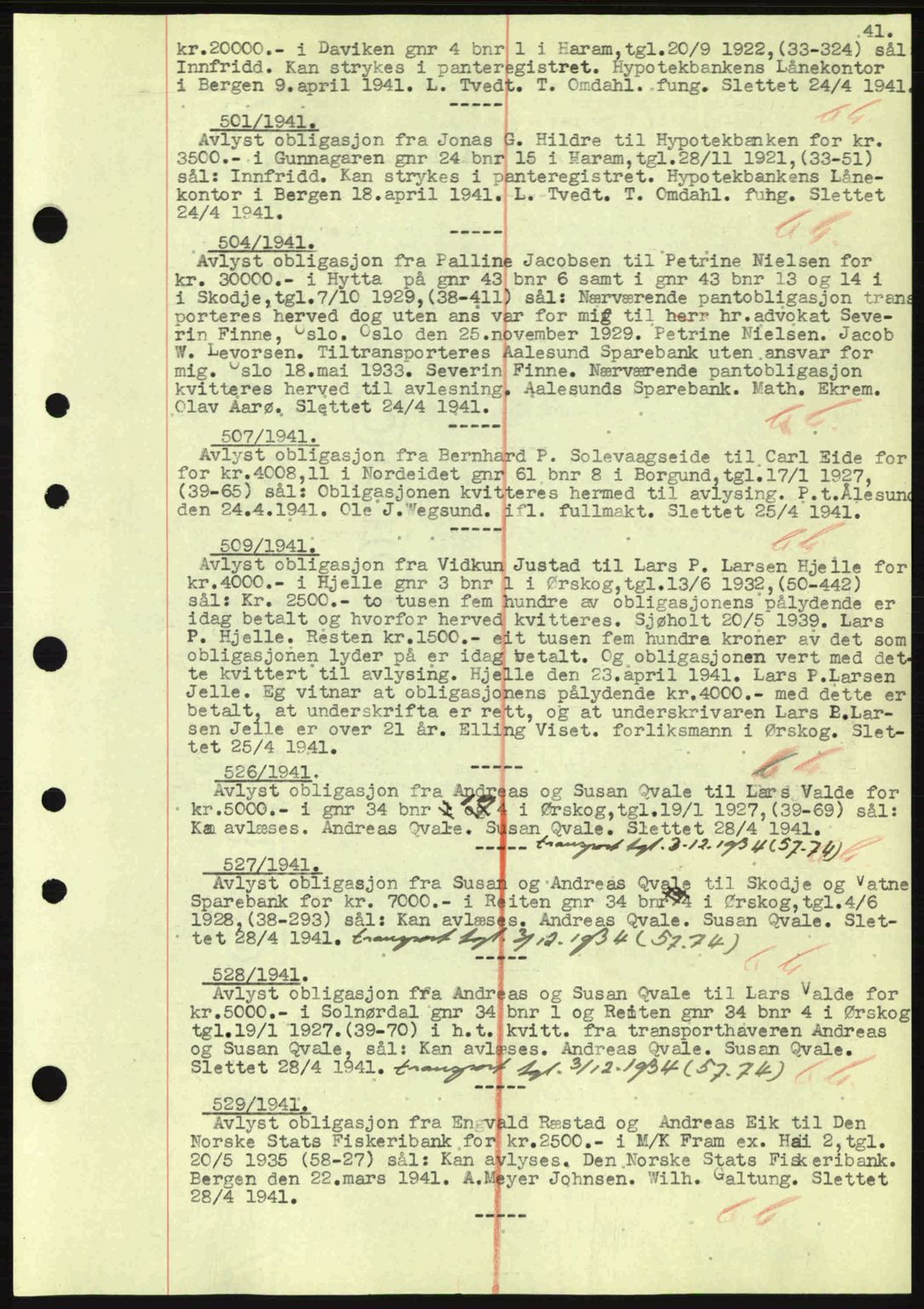 Nordre Sunnmøre sorenskriveri, AV/SAT-A-0006/1/2/2C/2Ca: Mortgage book no. B1-6, 1938-1942, Diary no: : 501/1941