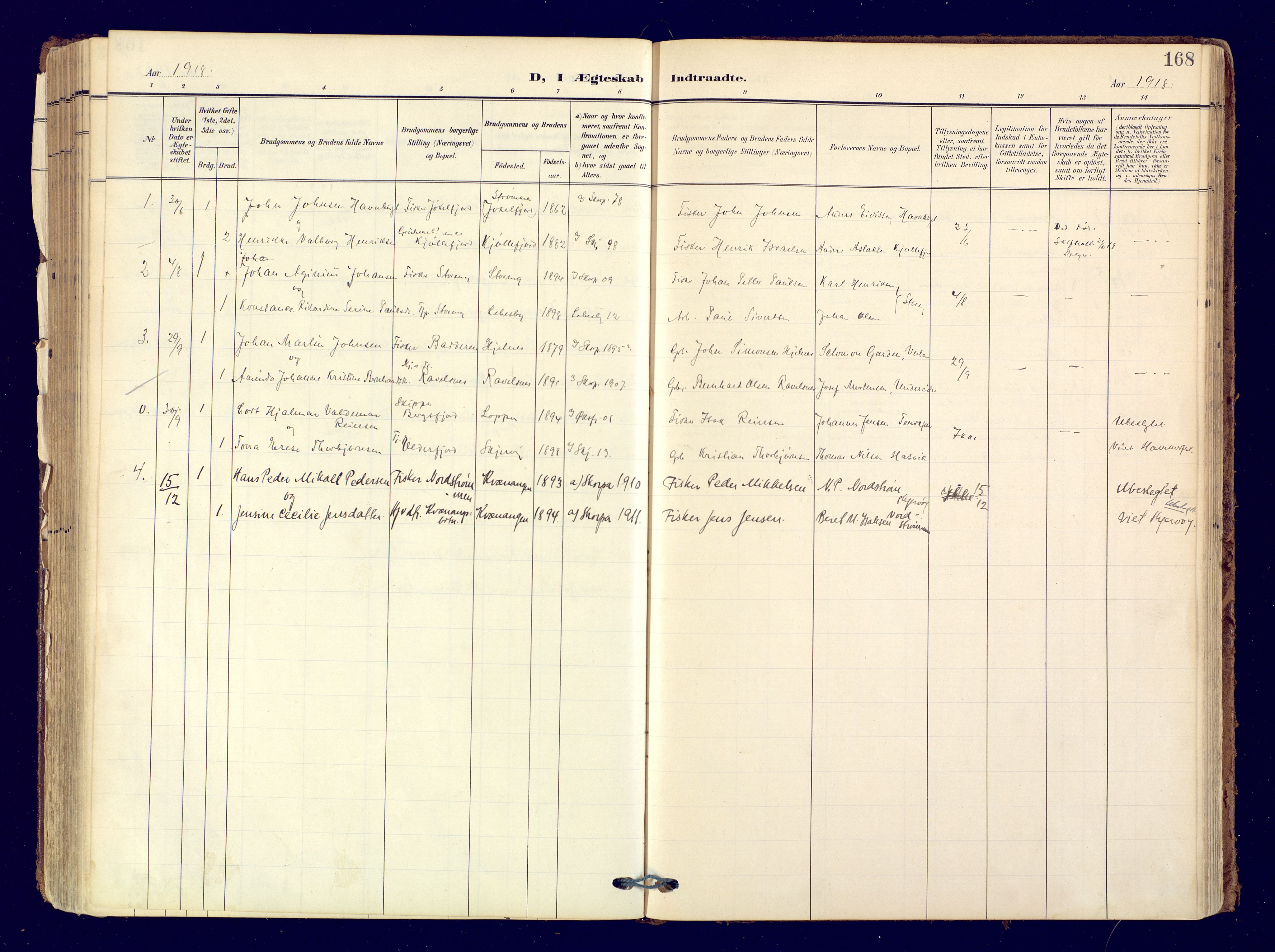 Skjervøy sokneprestkontor, AV/SATØ-S-1300/H/Ha/Haa: Parish register (official) no. 19, 1908-1936, p. 168