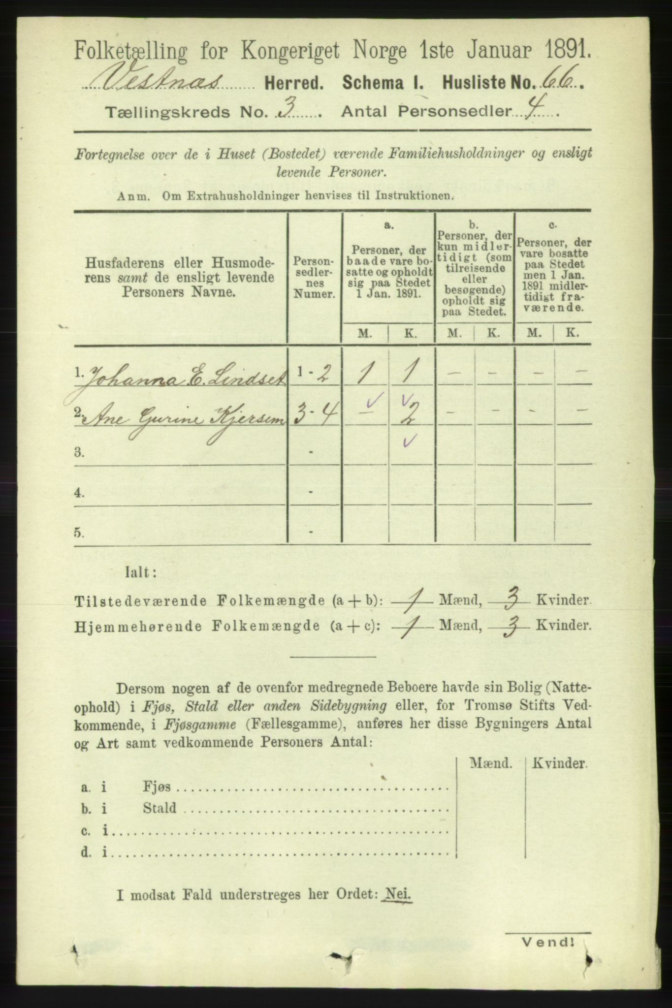 RA, 1891 census for 1535 Vestnes, 1891, p. 873