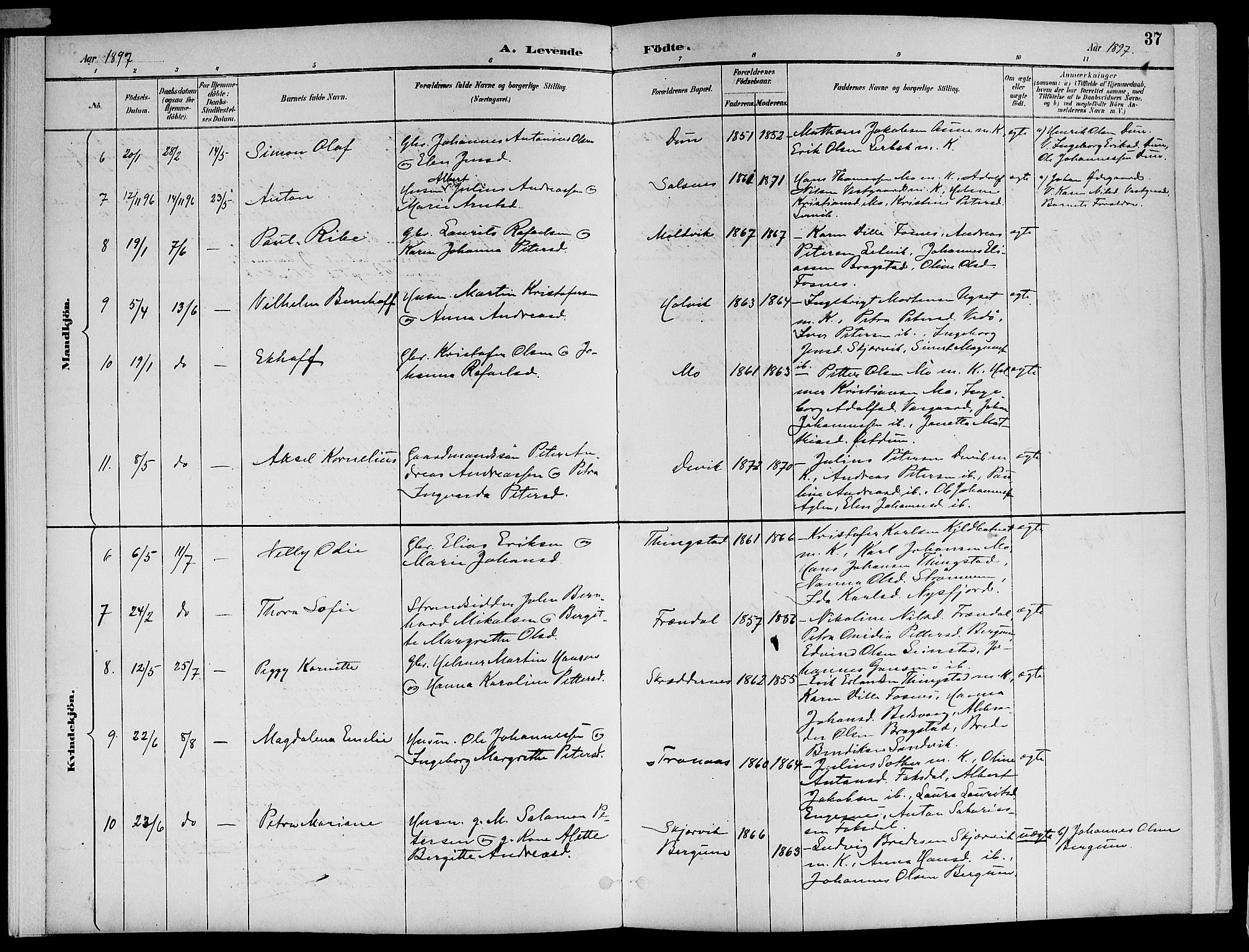 Ministerialprotokoller, klokkerbøker og fødselsregistre - Nord-Trøndelag, AV/SAT-A-1458/773/L0617: Parish register (official) no. 773A08, 1887-1910, p. 37