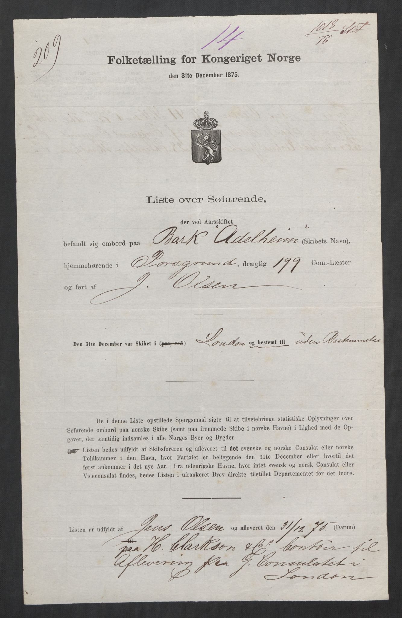 RA, 1875 census, lists of crew on ships: Ships in ports abroad, 1875, p. 823