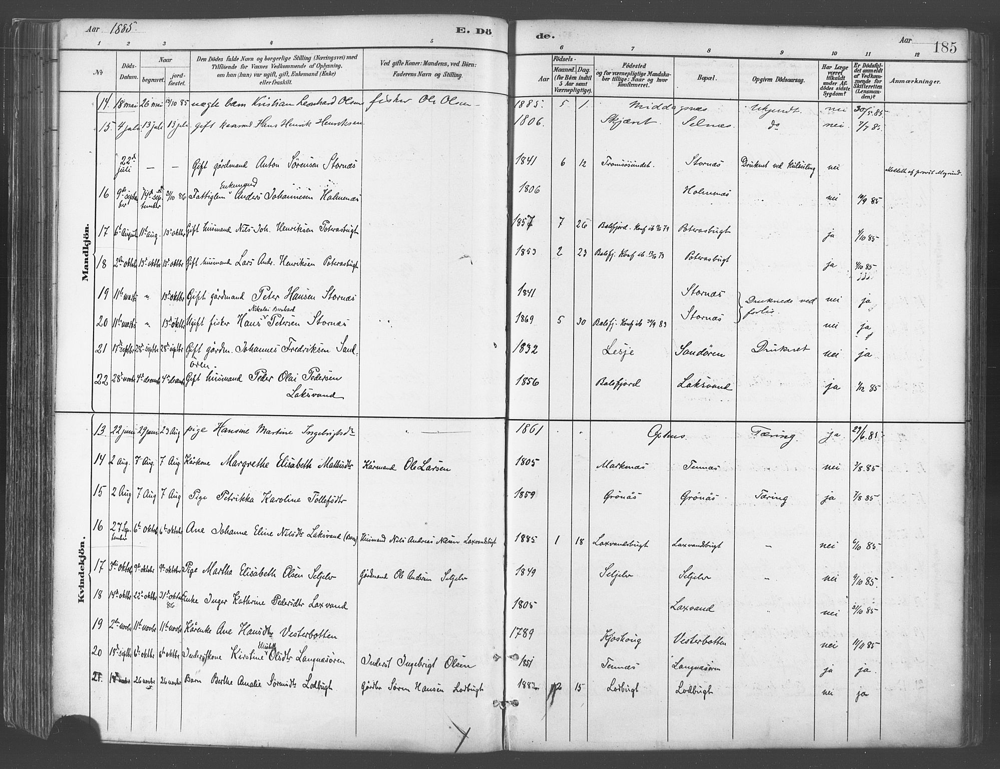 Balsfjord sokneprestembete, SATØ/S-1303/G/Ga/L0005kirke: Parish register (official) no. 5, 1884-1897, p. 185