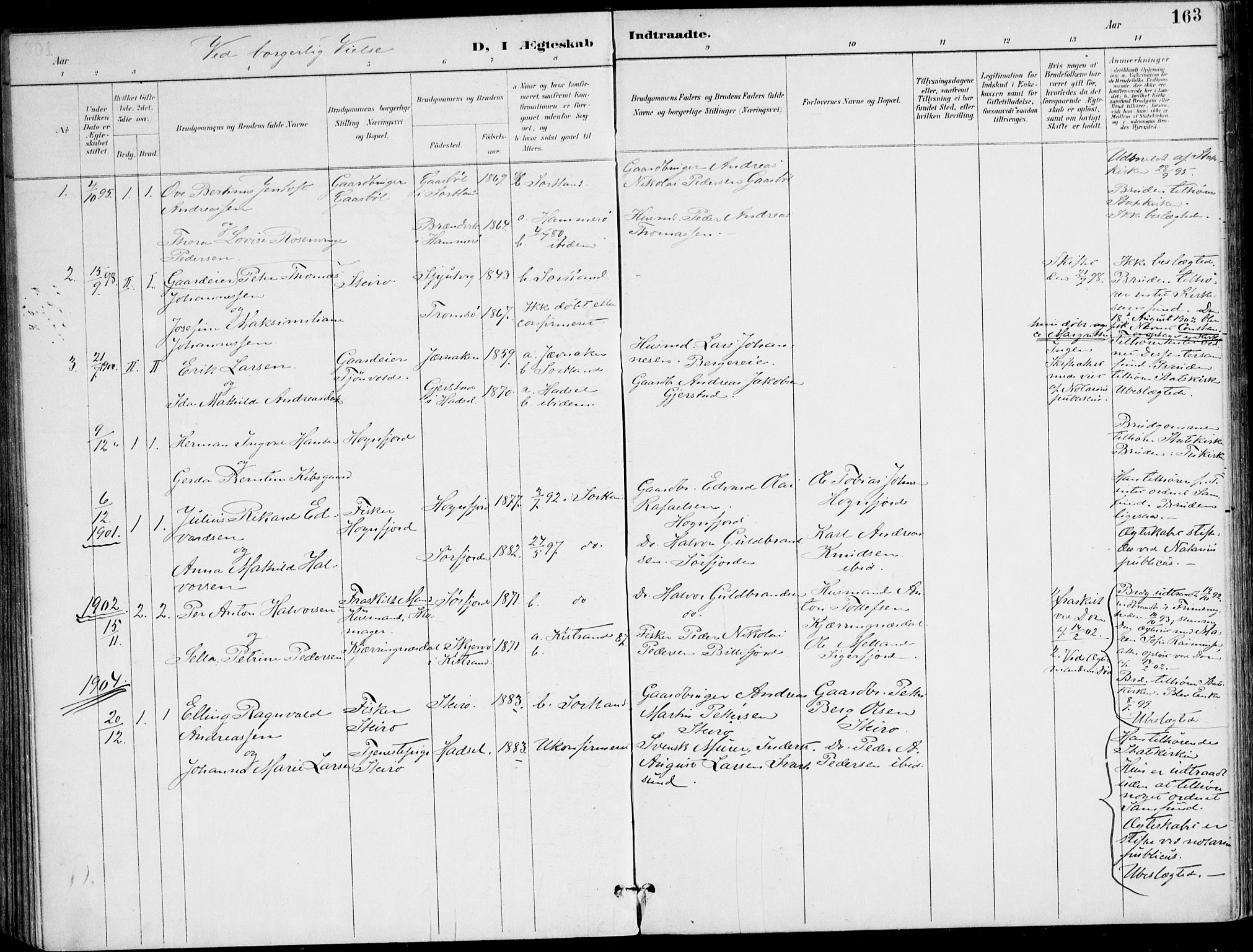 Ministerialprotokoller, klokkerbøker og fødselsregistre - Nordland, SAT/A-1459/895/L1372: Parish register (official) no. 895A07, 1894-1914, p. 163