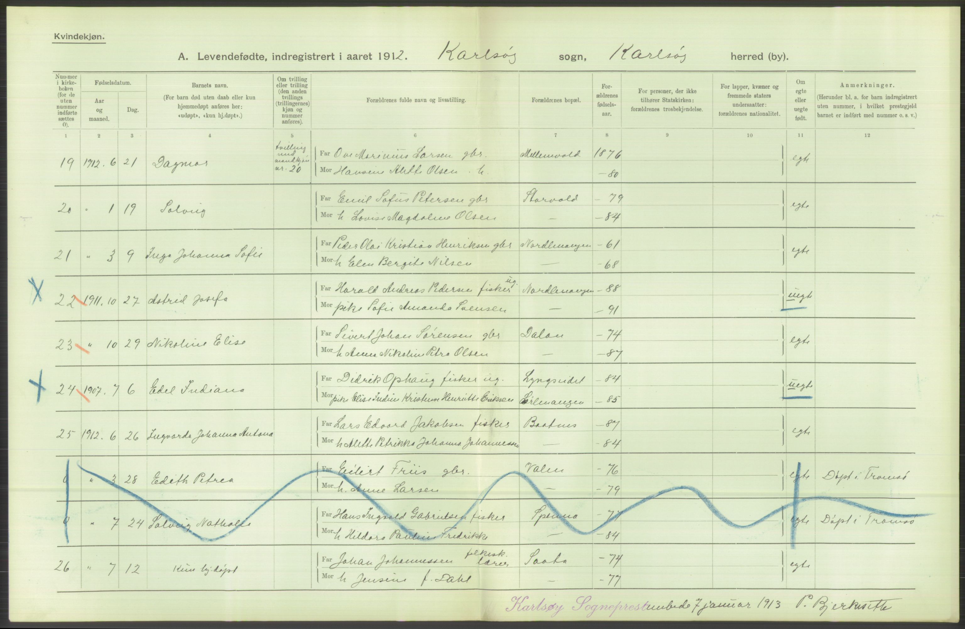 Statistisk sentralbyrå, Sosiodemografiske emner, Befolkning, AV/RA-S-2228/D/Df/Dfb/Dfbb/L0049: Tromsø amt: Levendefødte menn og kvinner. Bygder og byer., 1912, p. 126