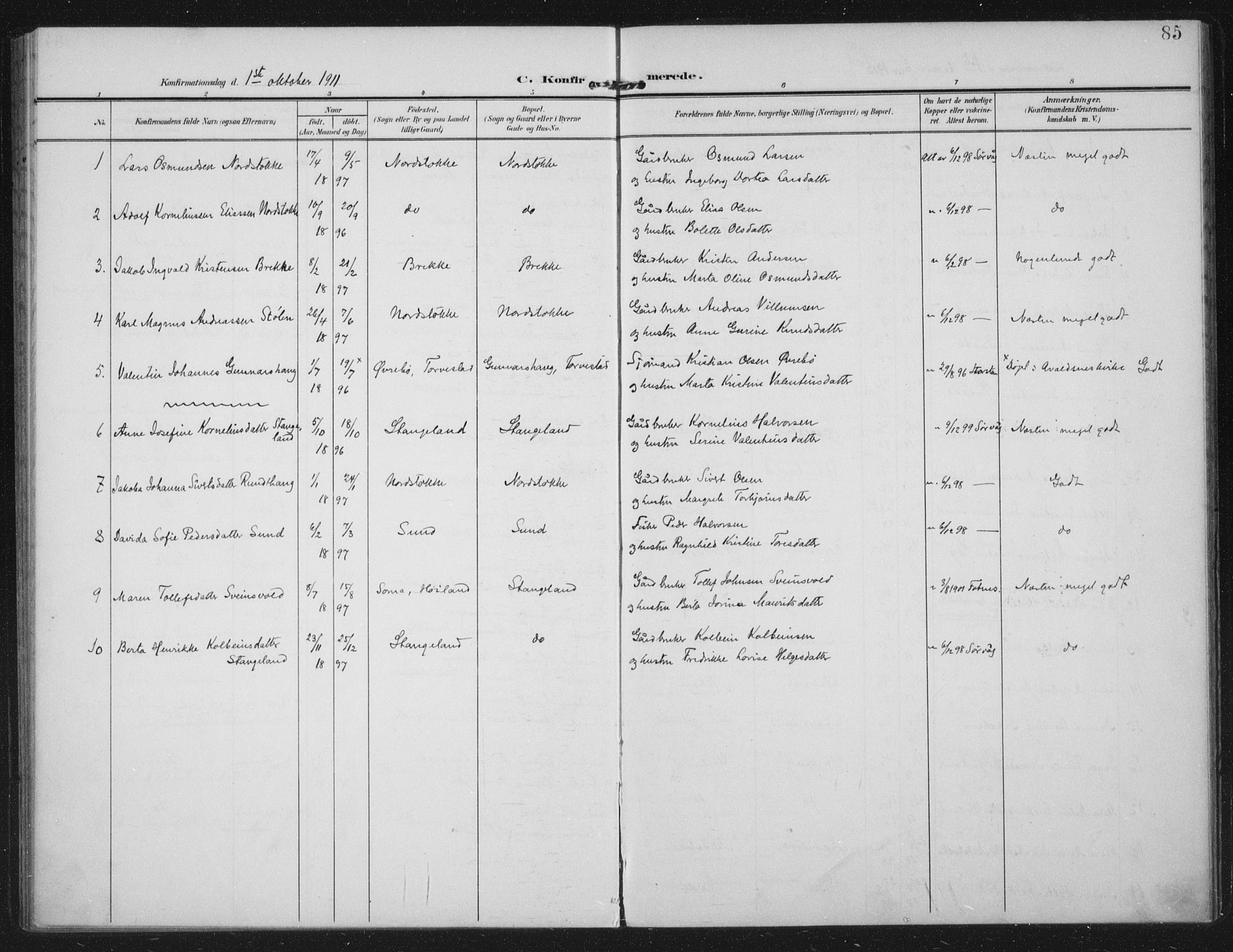 Kopervik sokneprestkontor, AV/SAST-A-101850/H/Ha/Haa/L0003: Parish register (official) no. A 3, 1906-1924, p. 85