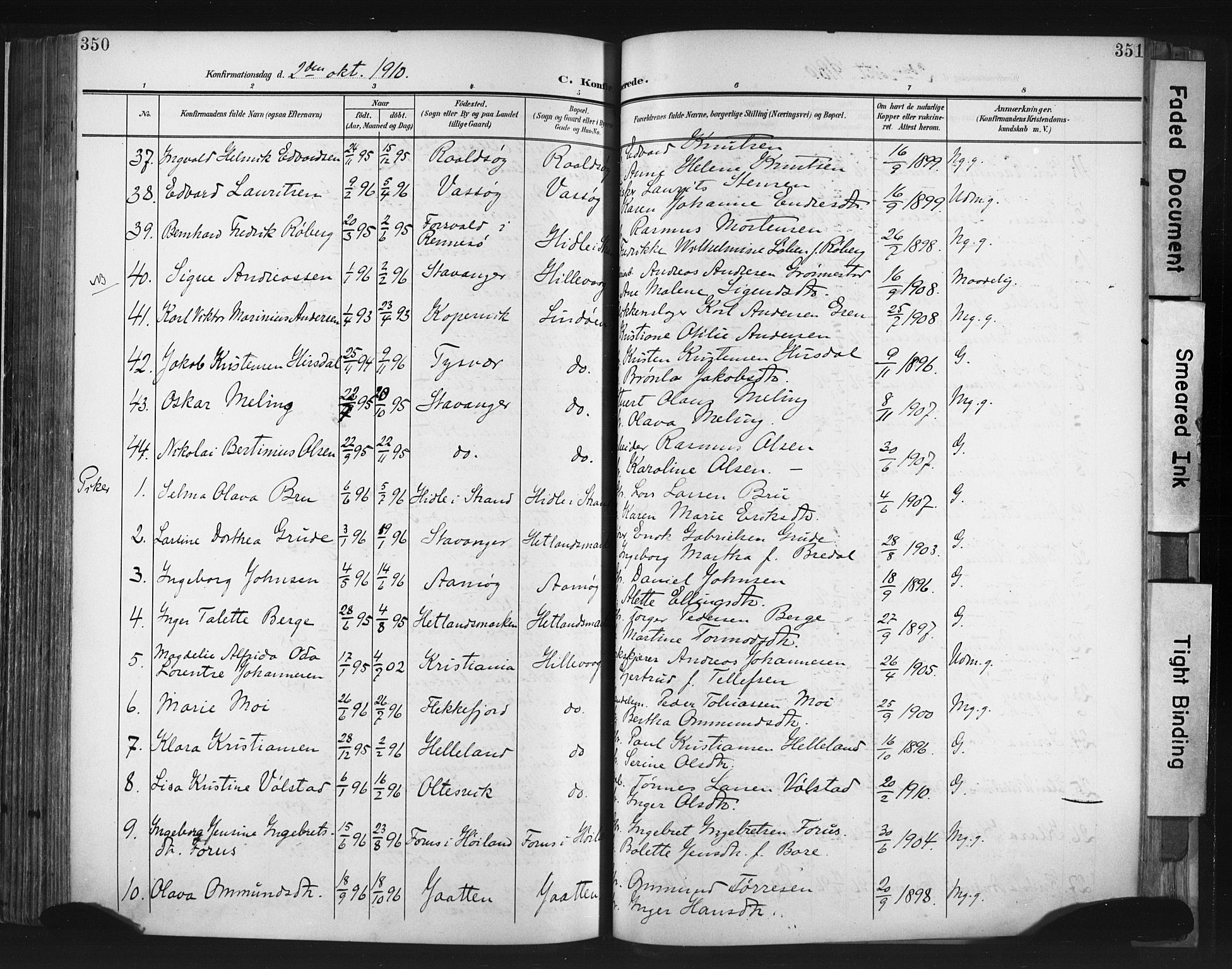 Hetland sokneprestkontor, AV/SAST-A-101826/30/30BA/L0013: Parish register (official) no. A 13, 1904-1918, p. 350-351