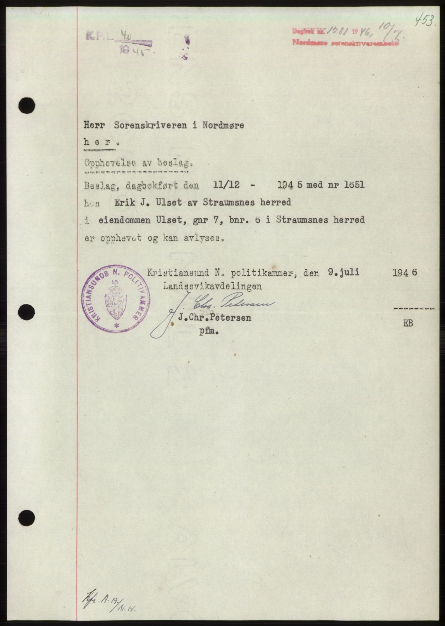 Nordmøre sorenskriveri, AV/SAT-A-4132/1/2/2Ca: Mortgage book no. B94, 1946-1946, Diary no: : 1281/1946