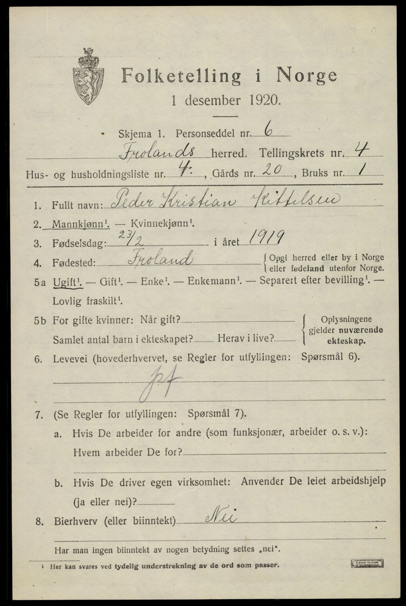 SAK, 1920 census for Froland, 1920, p. 3205