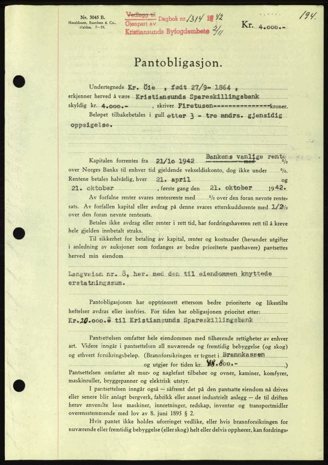 Kristiansund byfogd, SAT/A-4587/A/27: Mortgage book no. 36, 1942-1943, Diary no: : 1314/1942