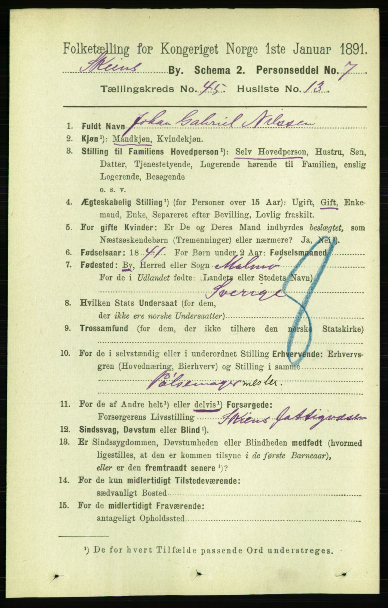 RA, 1891 census for 0806 Skien, 1891, p. 9049