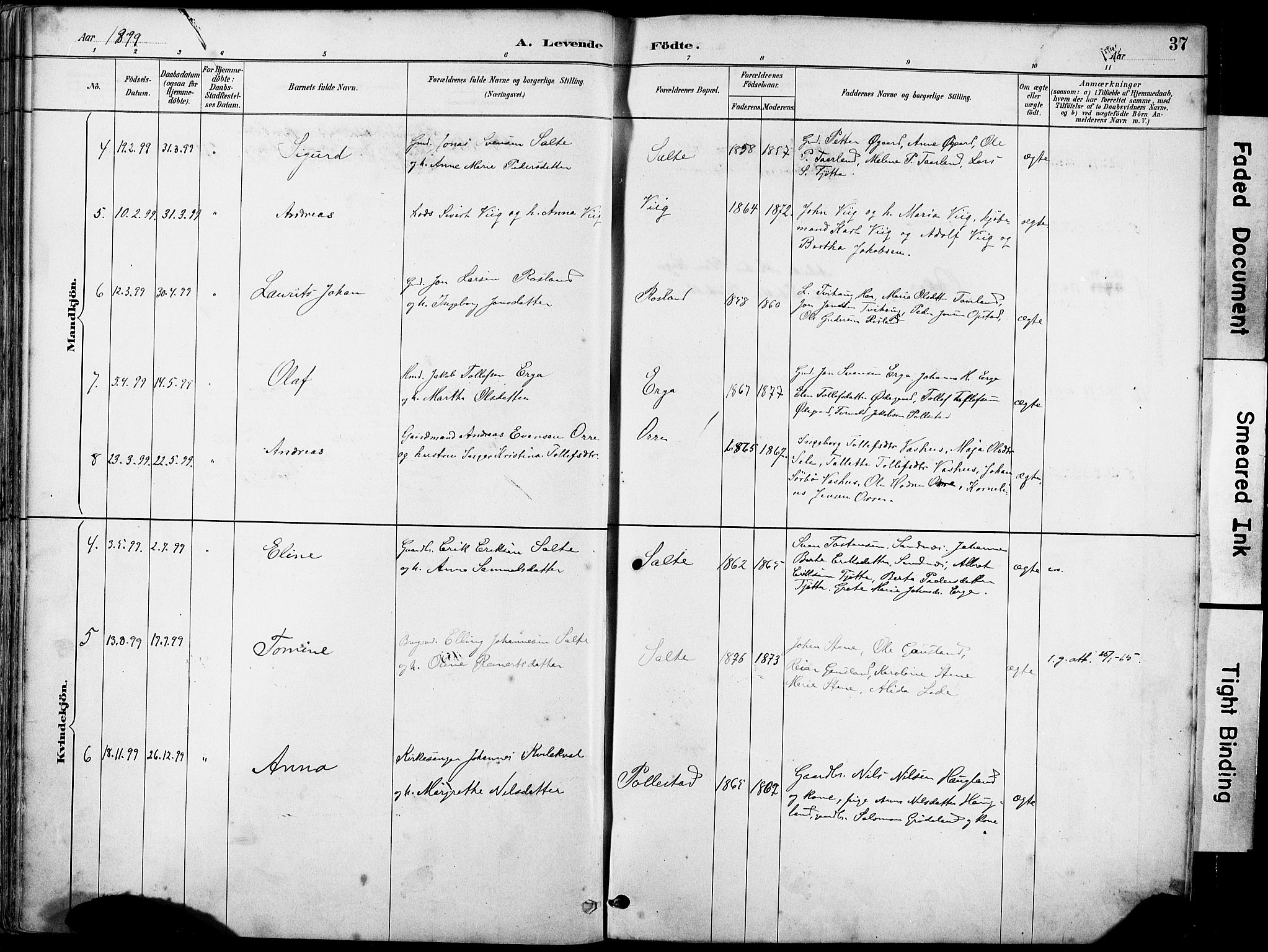 Klepp sokneprestkontor, AV/SAST-A-101803/001/3/30BA/L0007: Parish register (official) no. A 8, 1886-1912, p. 37