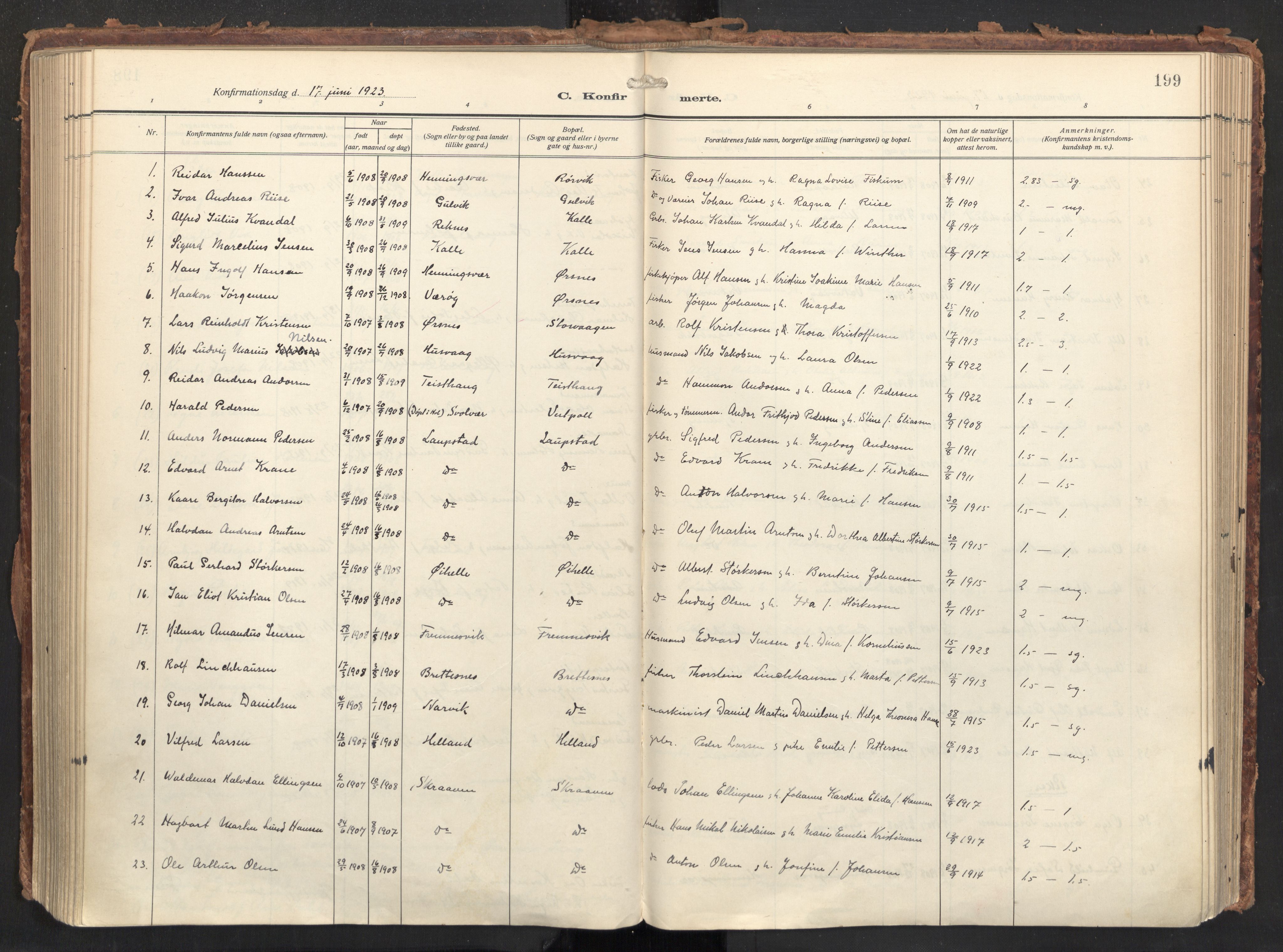 Ministerialprotokoller, klokkerbøker og fødselsregistre - Nordland, SAT/A-1459/874/L1064: Parish register (official) no. 874A08, 1915-1926, p. 199