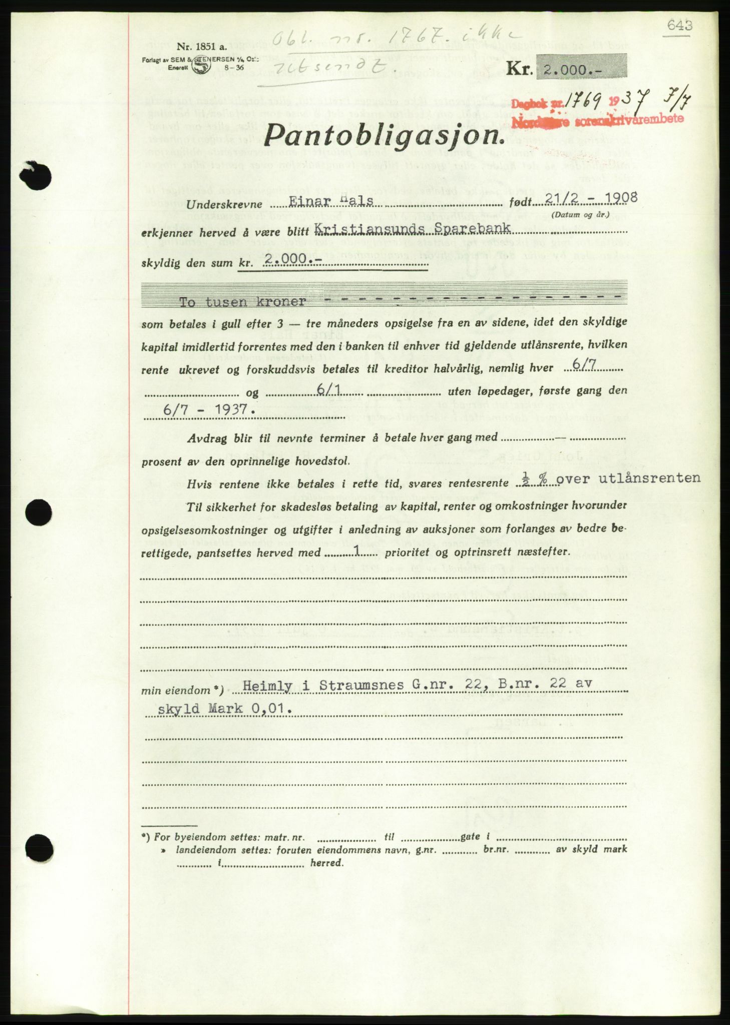 Nordmøre sorenskriveri, AV/SAT-A-4132/1/2/2Ca/L0091: Mortgage book no. B81, 1937-1937, Diary no: : 1769/1937