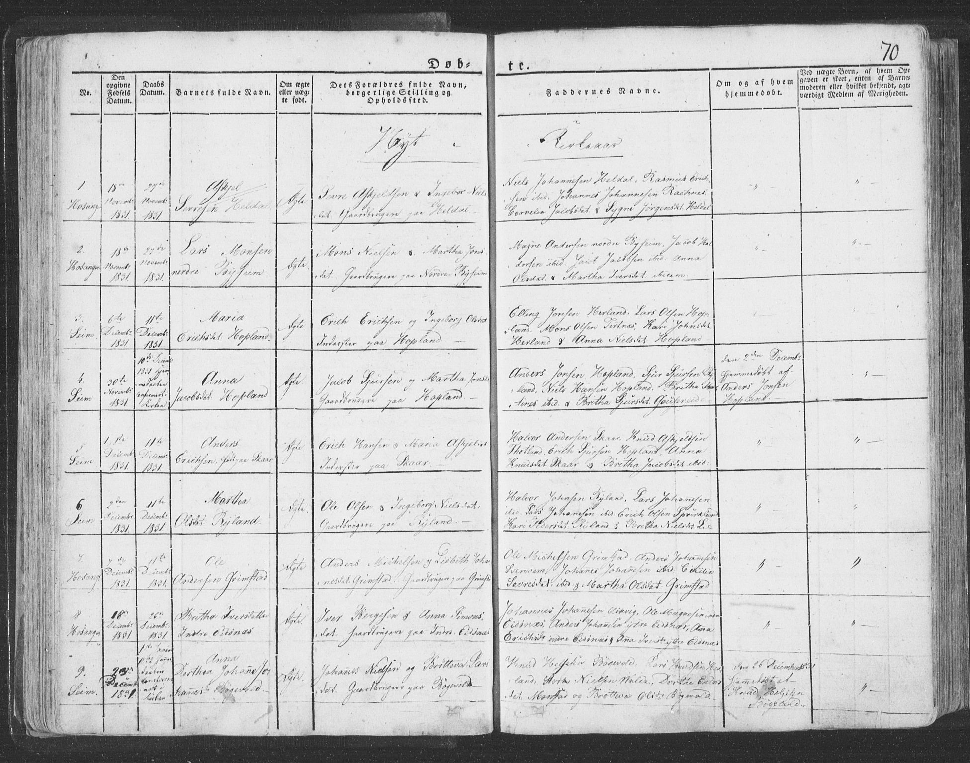 Hosanger sokneprestembete, AV/SAB-A-75801/H/Haa: Parish register (official) no. A 6, 1824-1835, p. 70