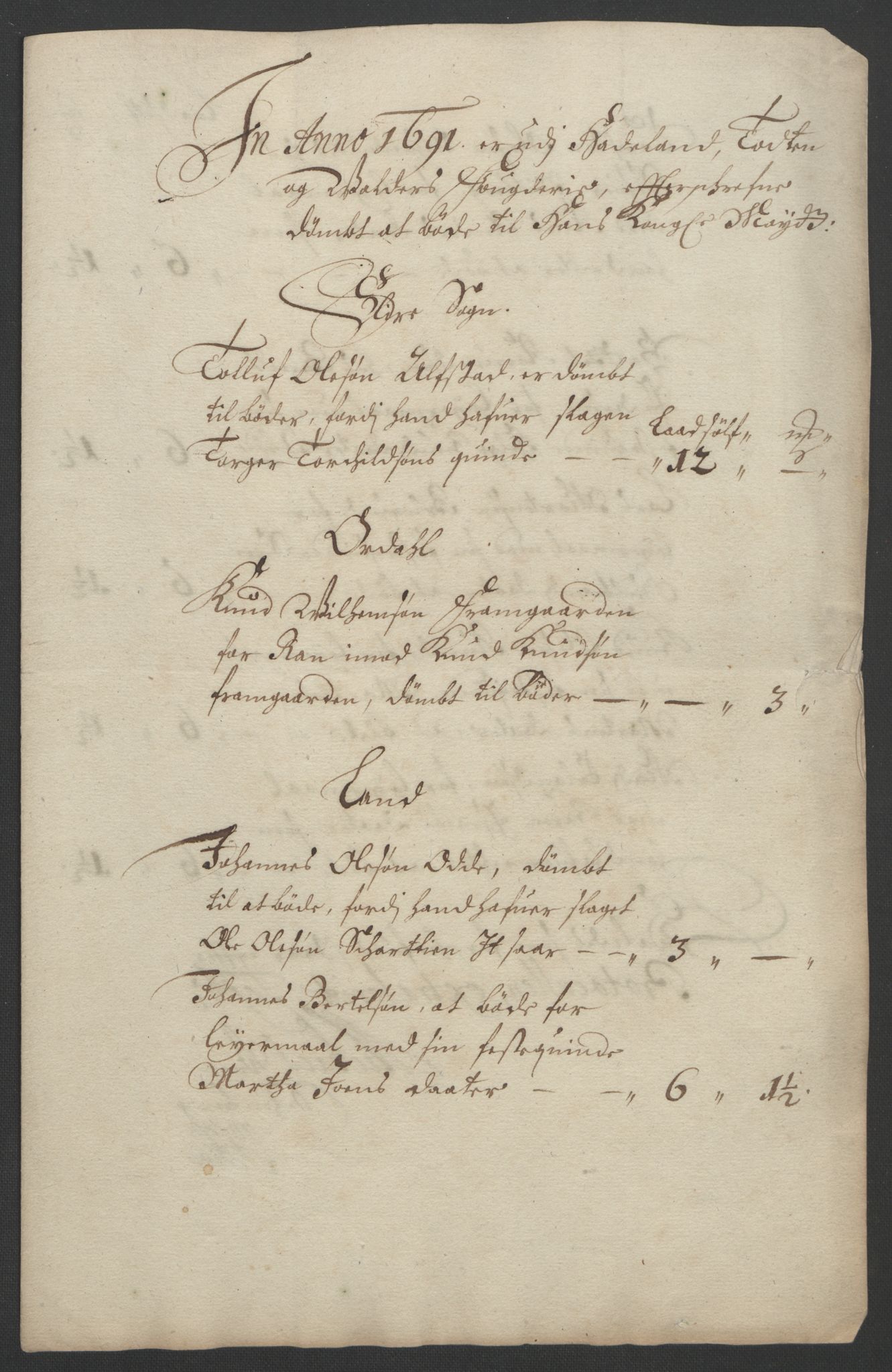 Rentekammeret inntil 1814, Reviderte regnskaper, Fogderegnskap, RA/EA-4092/R18/L1290: Fogderegnskap Hadeland, Toten og Valdres, 1691, p. 61