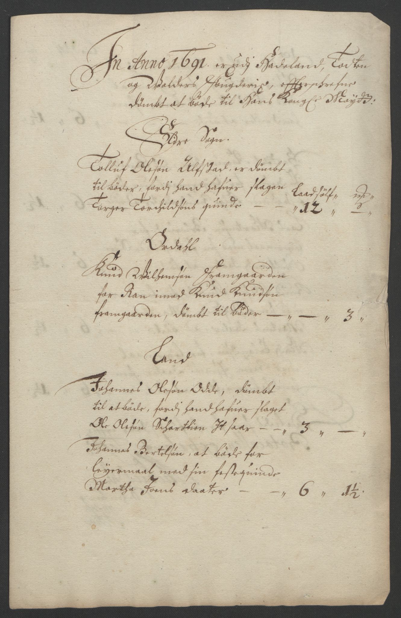 Rentekammeret inntil 1814, Reviderte regnskaper, Fogderegnskap, AV/RA-EA-4092/R18/L1290: Fogderegnskap Hadeland, Toten og Valdres, 1691, p. 61