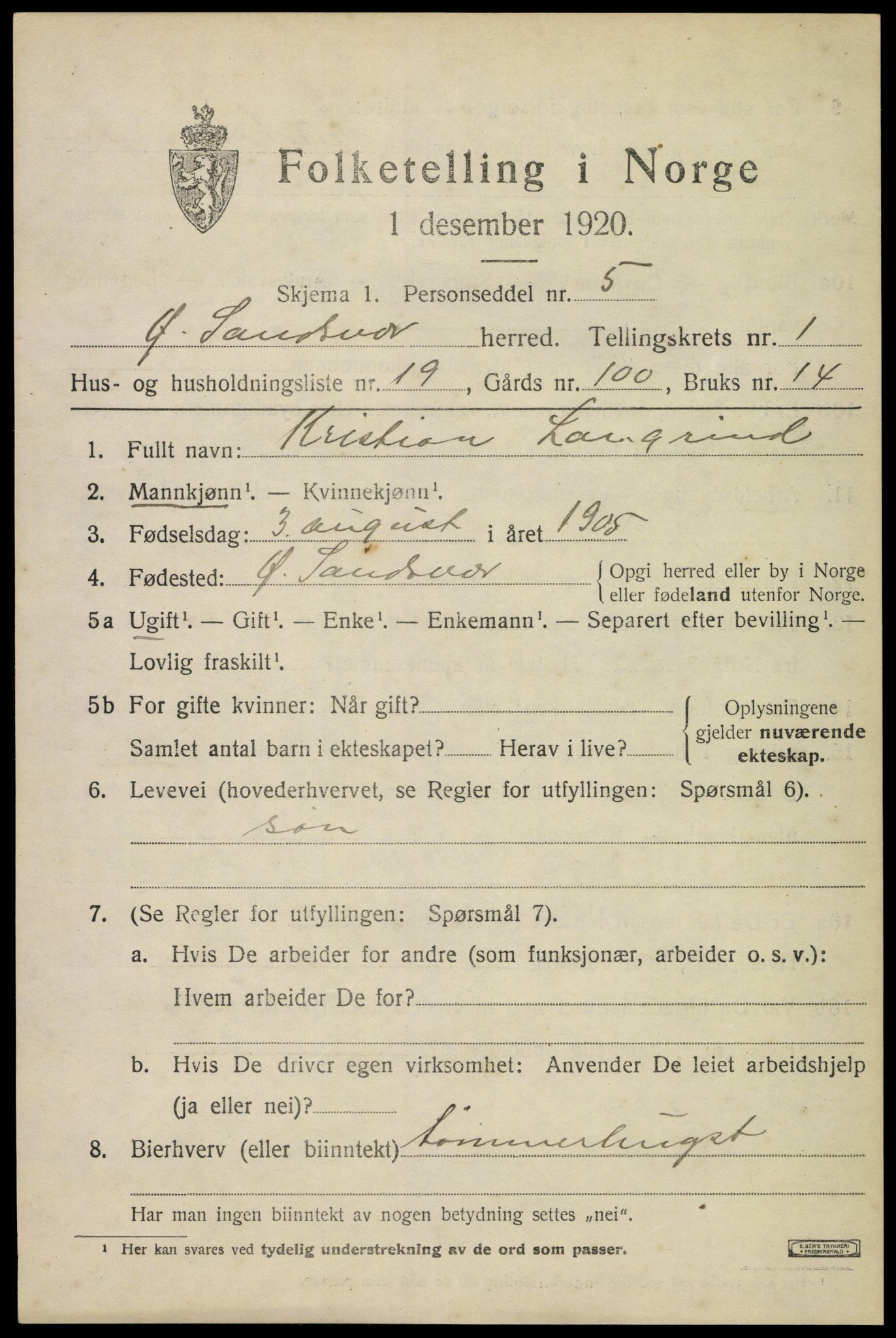 SAKO, 1920 census for Øvre Sandsvær, 1920, p. 1180