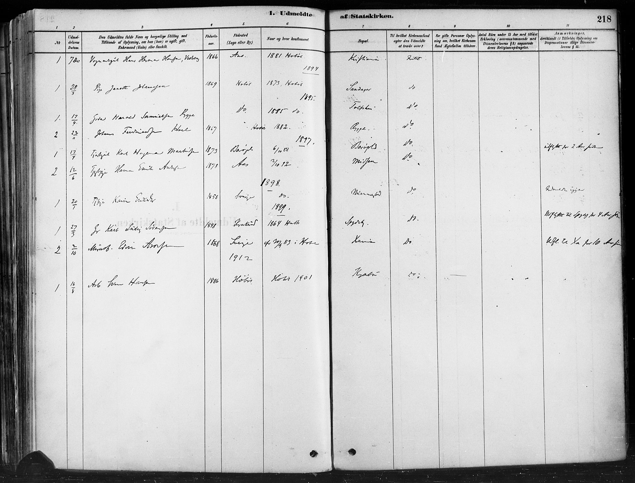 Hobøl prestekontor Kirkebøker, AV/SAO-A-2002/F/Fa/L0005: Parish register (official) no. I 5, 1878-1904, p. 218