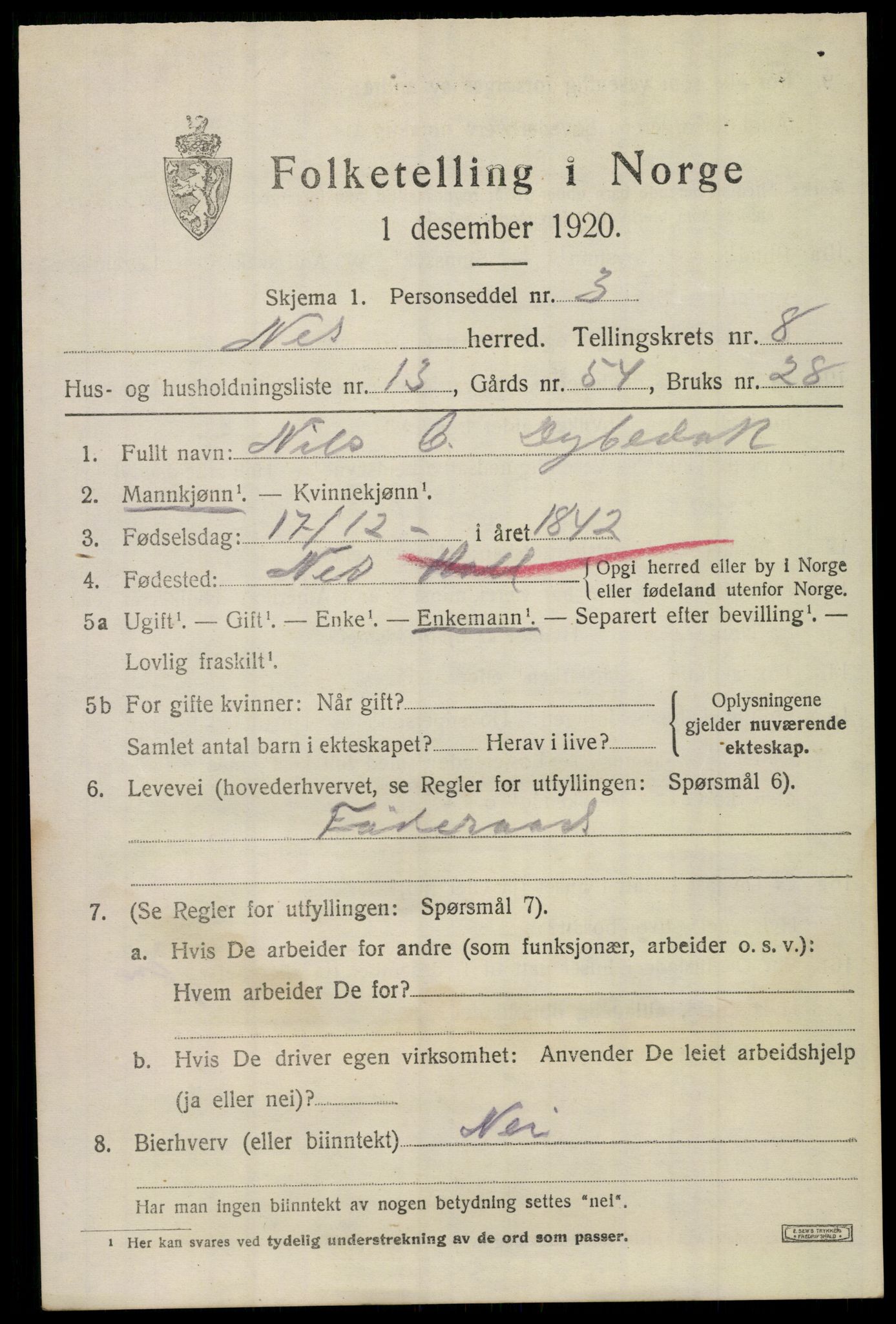 SAKO, 1920 census for Nes (Buskerud), 1920, p. 5200