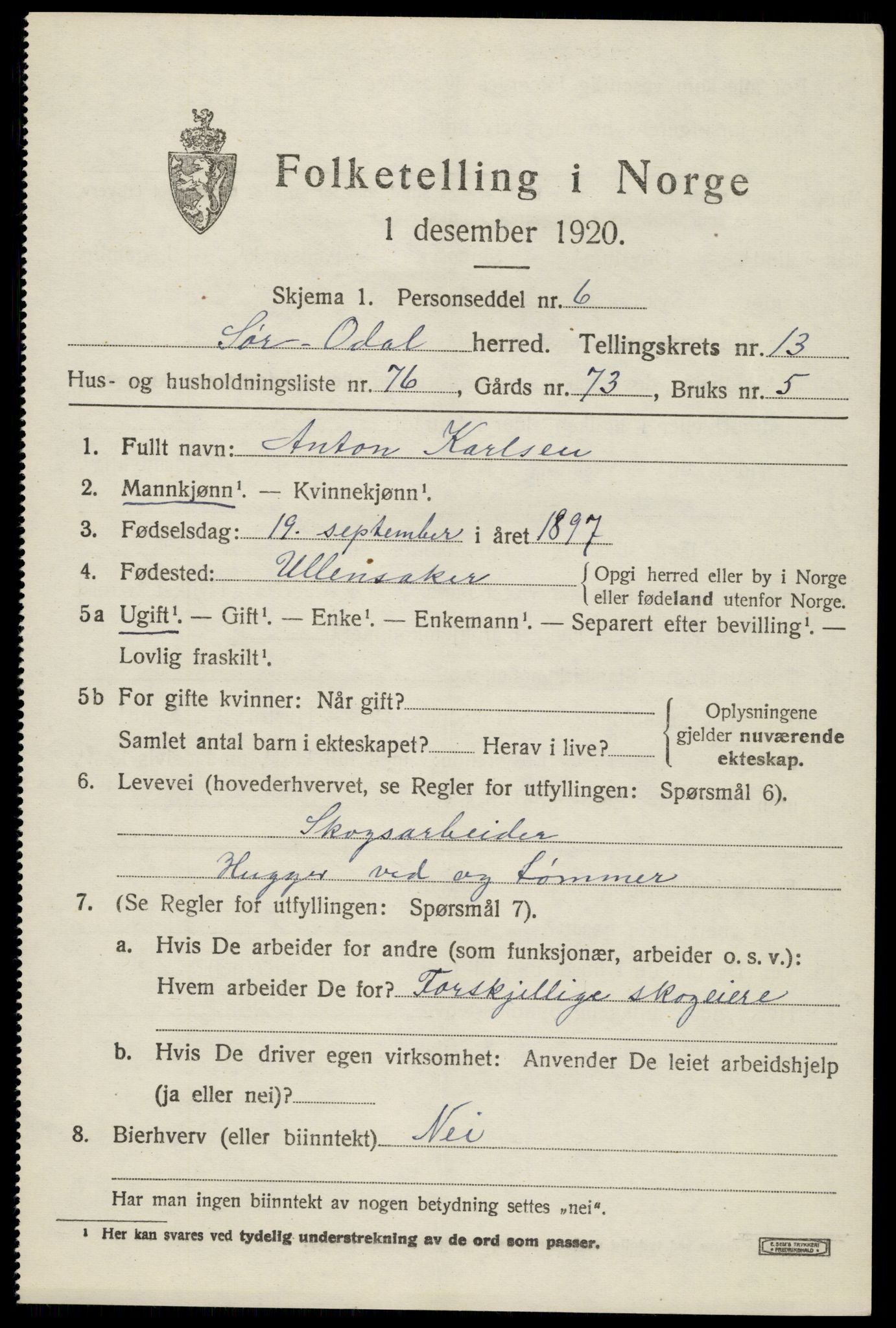 SAH, 1920 census for Sør-Odal, 1920, p. 13909